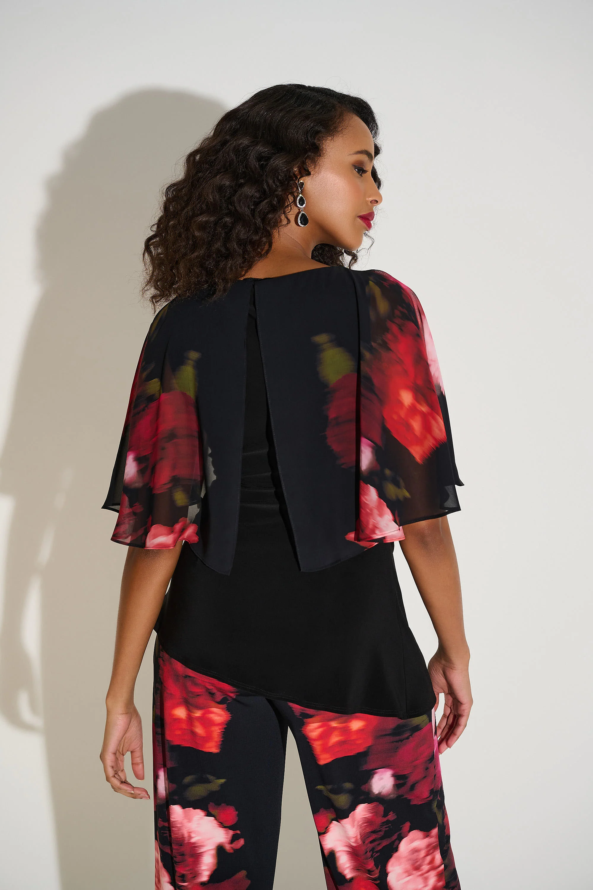 Joseph Ribkoff Black/Multi Silky Knit Top with Chiffon Floral Print Sleeves 253763 - Image 5