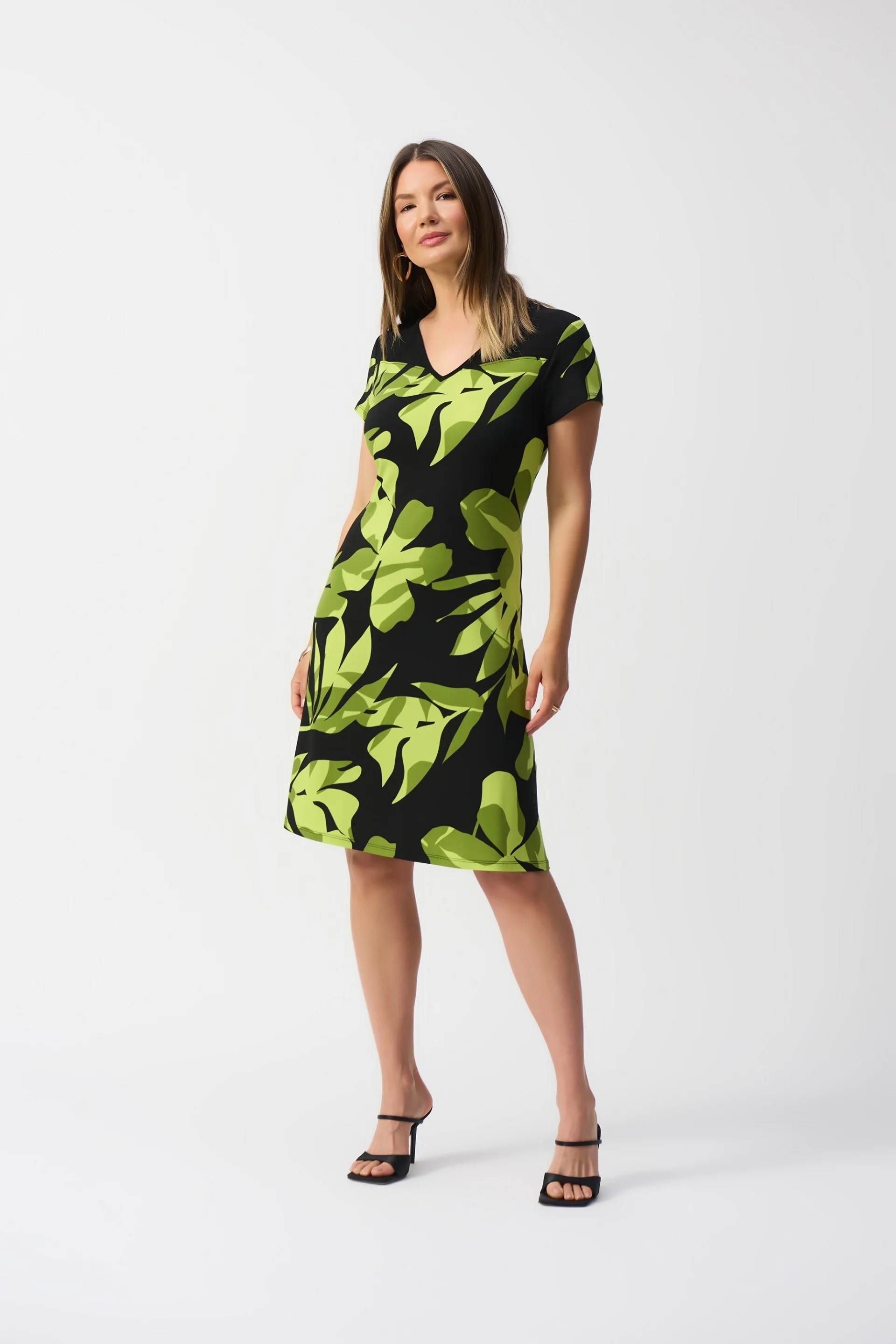 Joseph Ribkoff Black/Multi Silky Knit Tropical Print A-Line Dress Style 251200