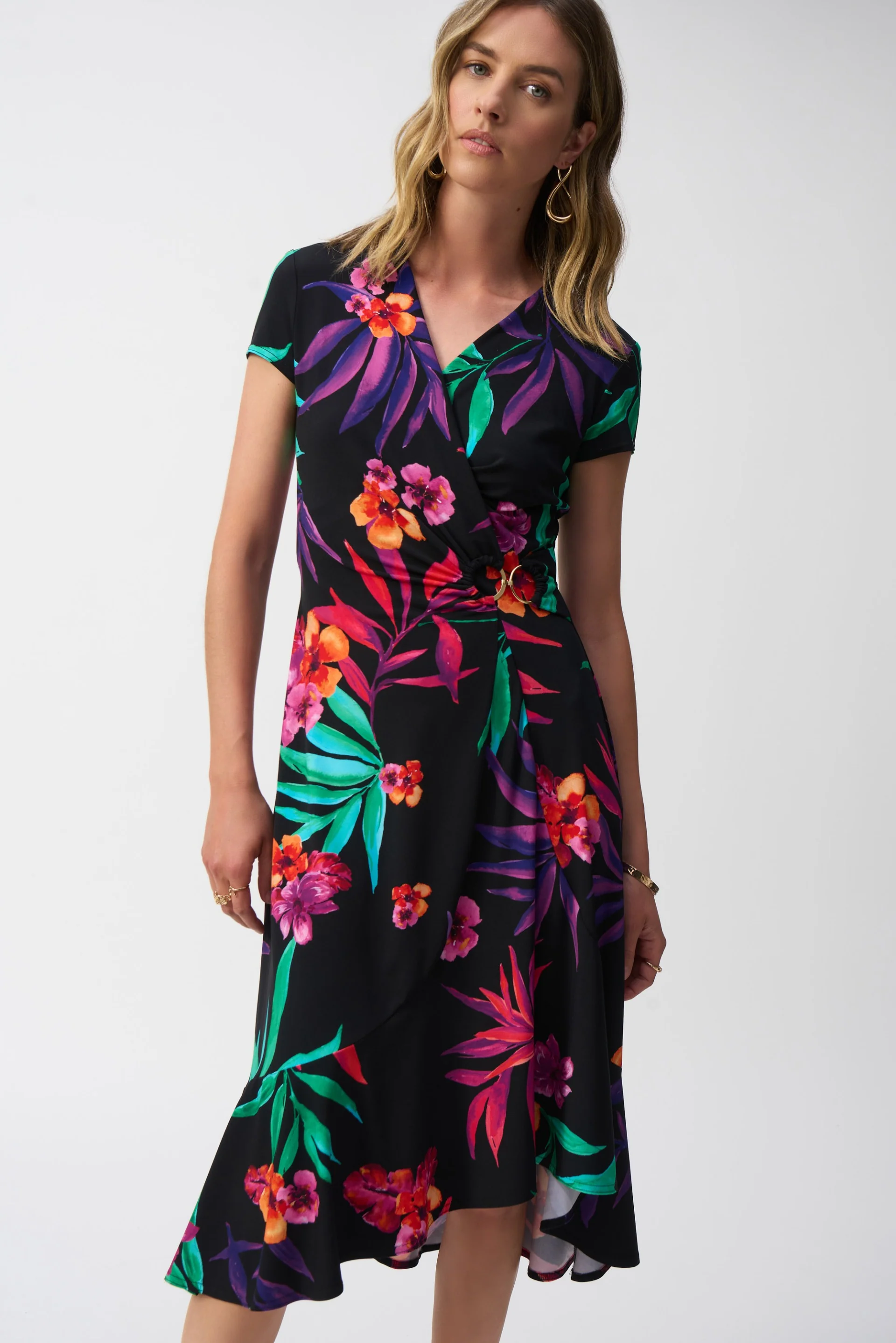 Joseph Ribkoff Black/Multi Silky Knit Tropical Print Wrap Dress Style 251011 - Image 2