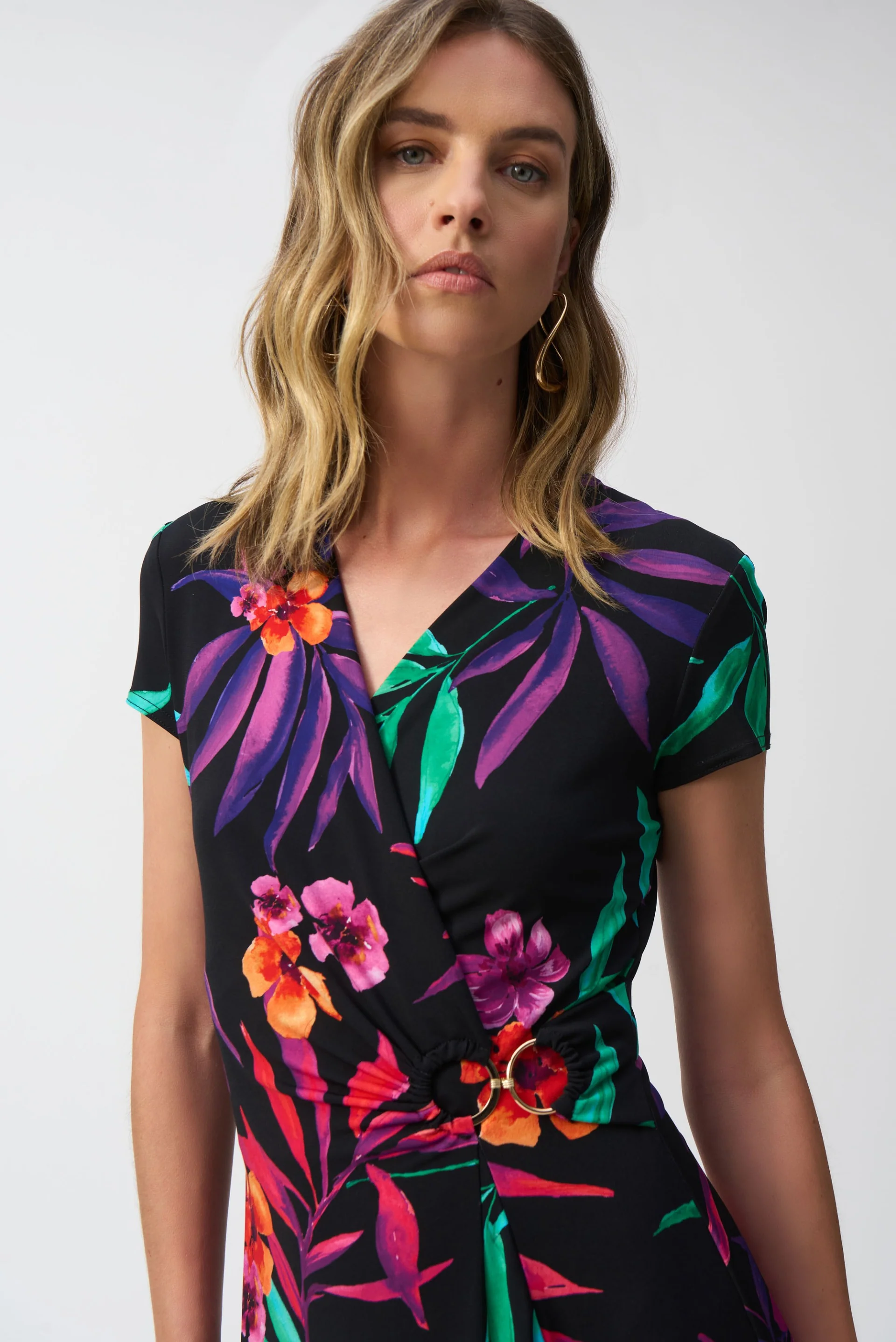 Joseph Ribkoff Black/Multi Silky Knit Tropical Print Wrap Dress Style 251011 - Image 3