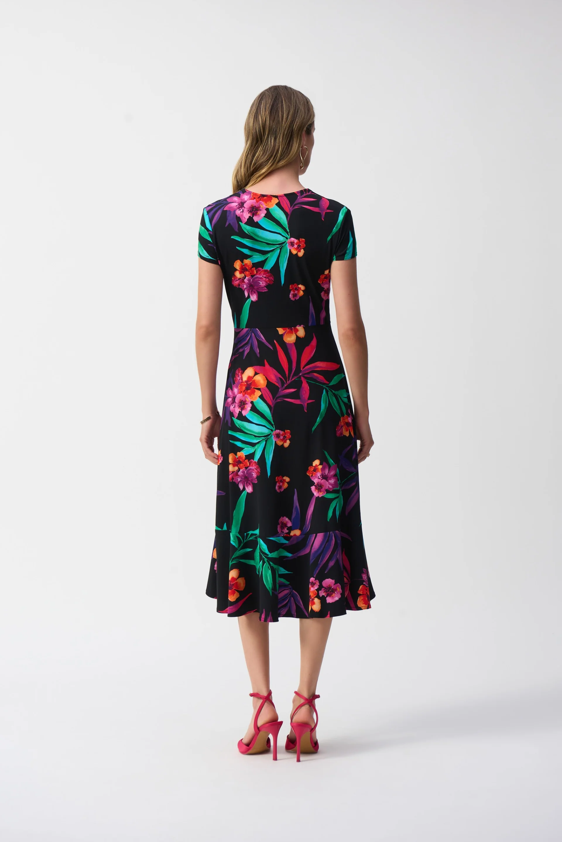 Joseph Ribkoff Black/Multi Silky Knit Tropical Print Wrap Dress Style 251011 - Image 4