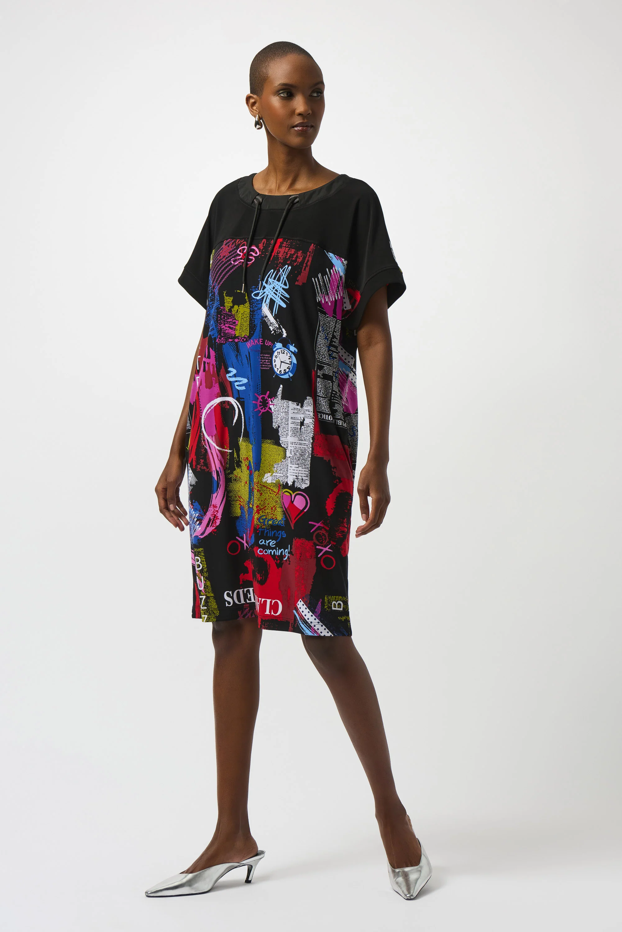 Joseph Ribkoff Black/Multi Silky Knit Wording Print Straight Dress Style 253032 - Image 3