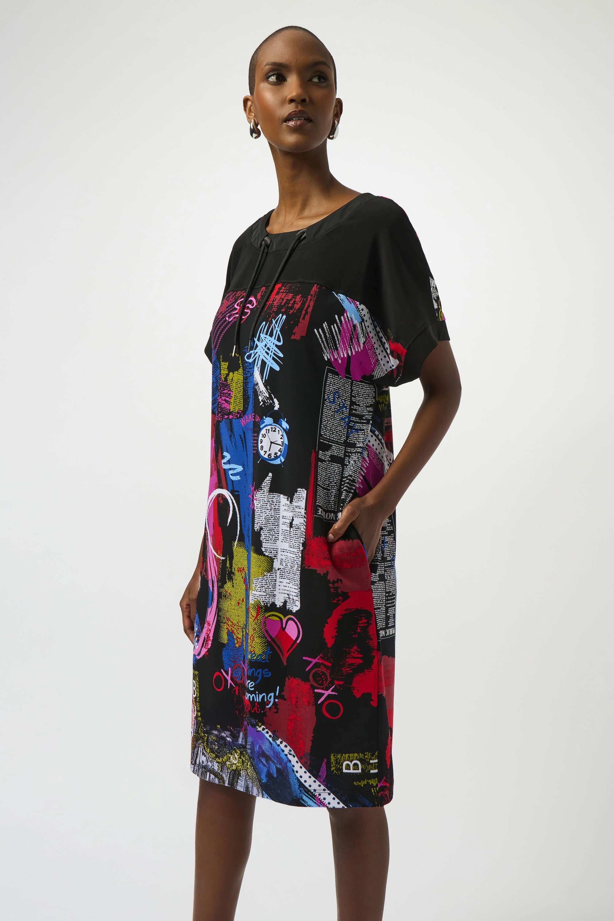Joseph Ribkoff Black/Multi Silky Knit Wording Print Straight Dress Style 253032 - Image 4