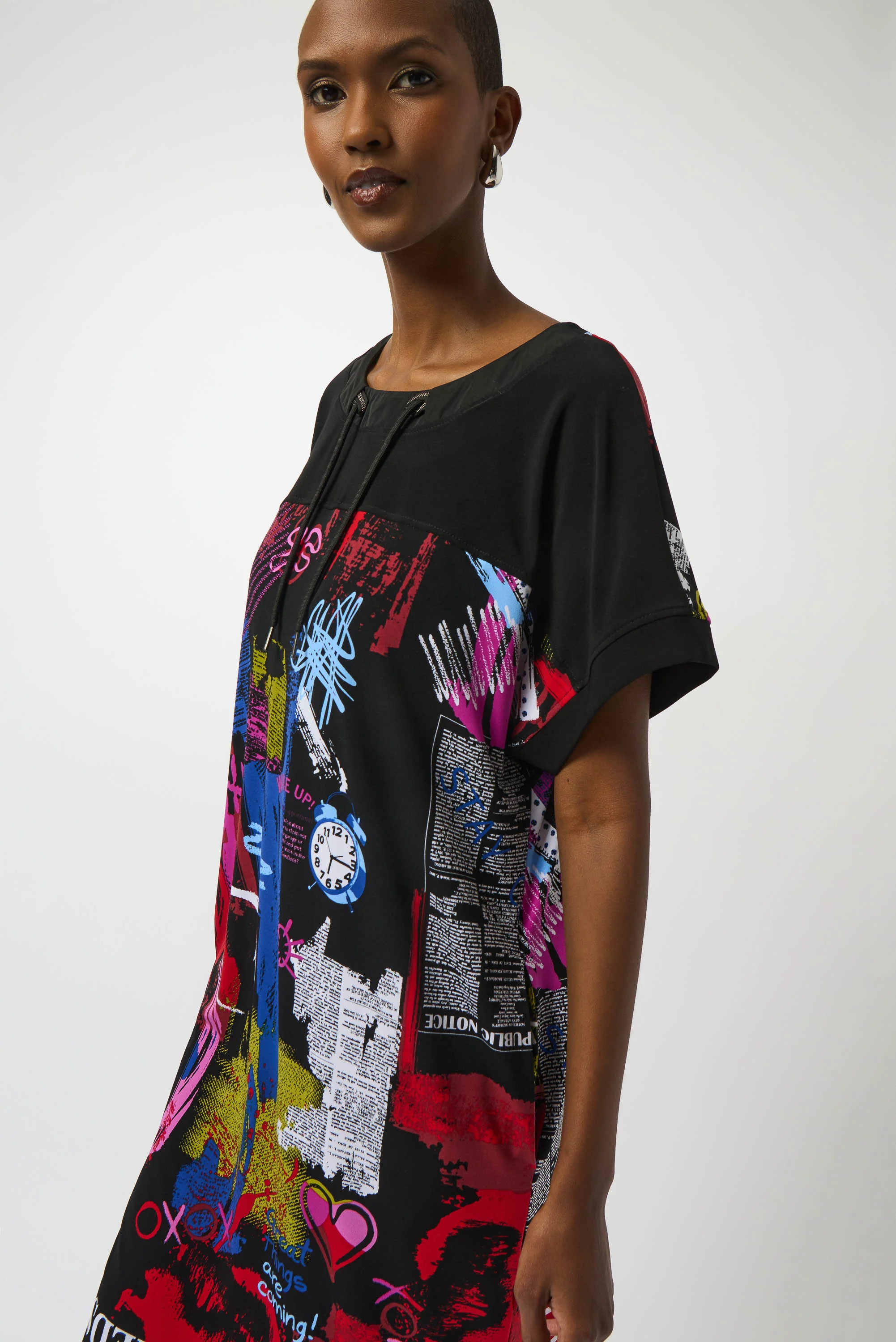 Joseph Ribkoff Black/Multi Silky Knit Wording Print Straight Dress Style 253032 - Image 5
