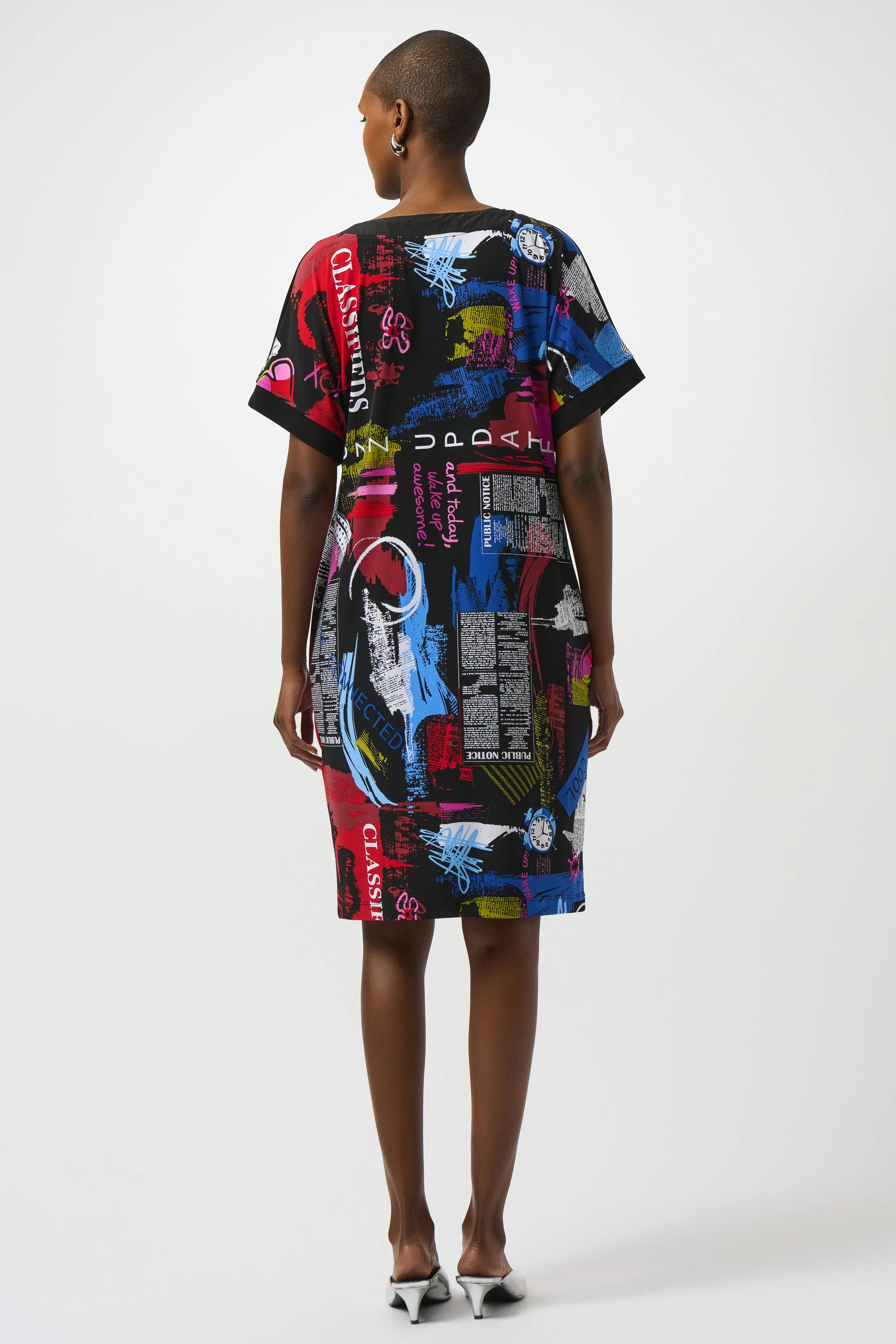 Joseph Ribkoff Black/Multi Silky Knit Wording Print Straight Dress Style 253032 - Image 6