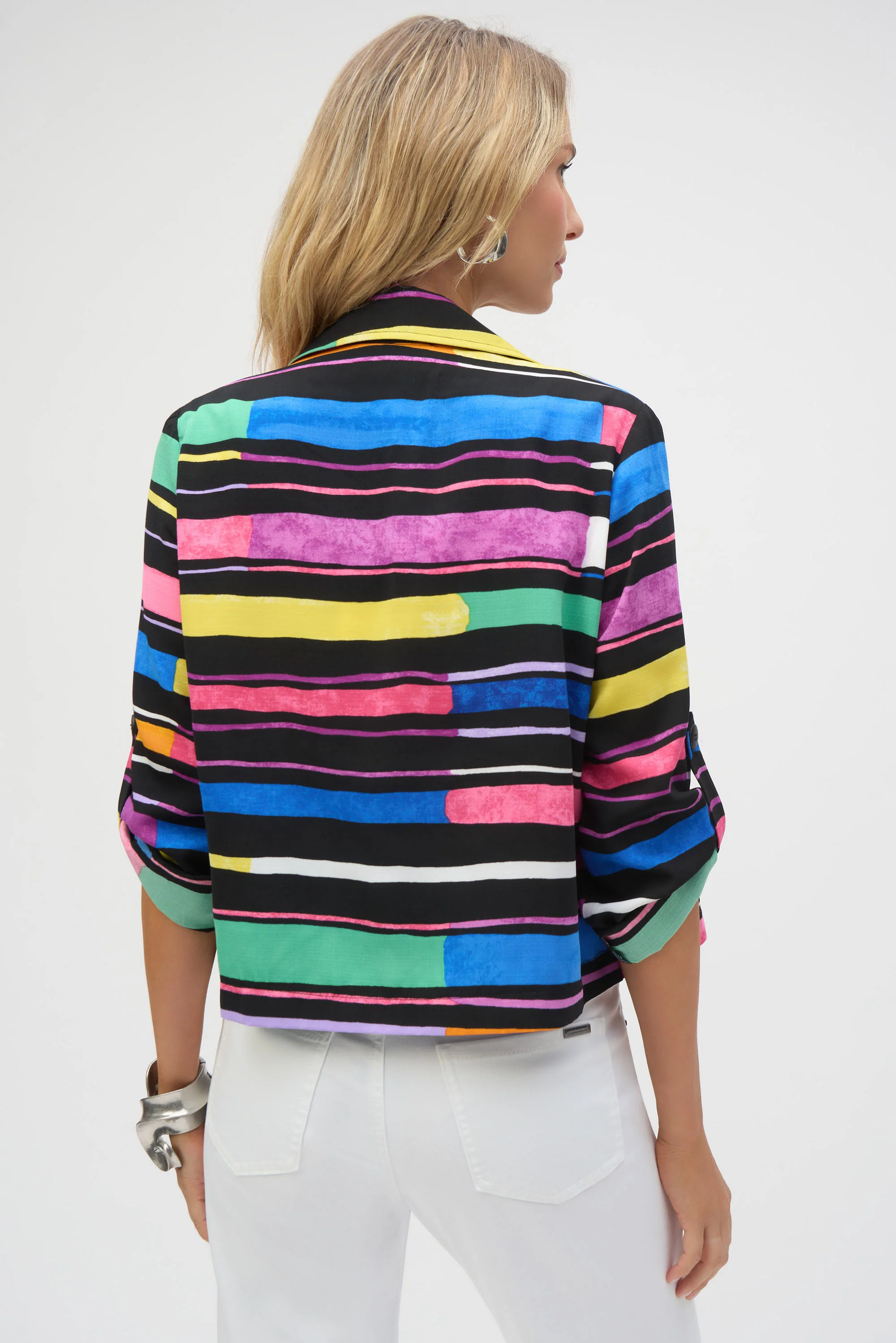 Joseph Ribkoff Black/Multi Stripe Print Short Boxy Blazer Style 252215 - Image 3