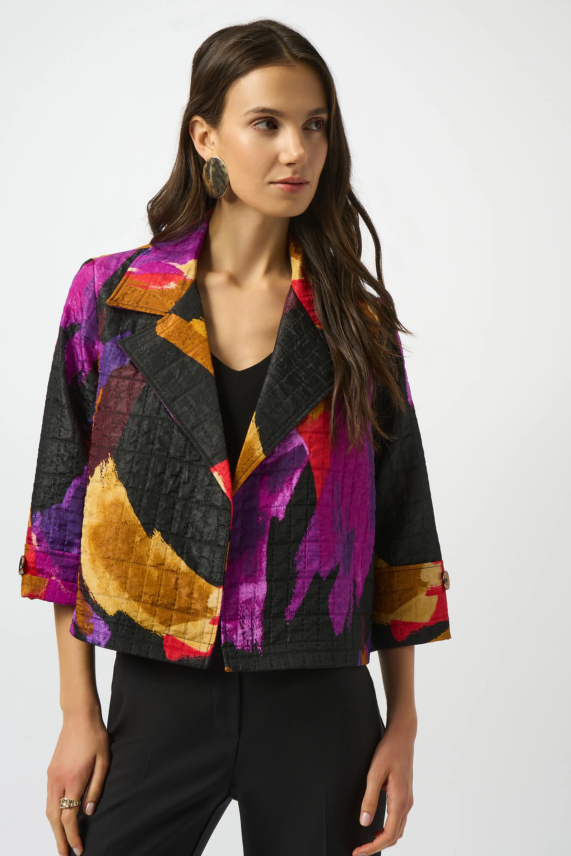 Joseph Ribkoff Black/Multi Textured Jacquard Abstract Print Boxy Blazer Style 253271