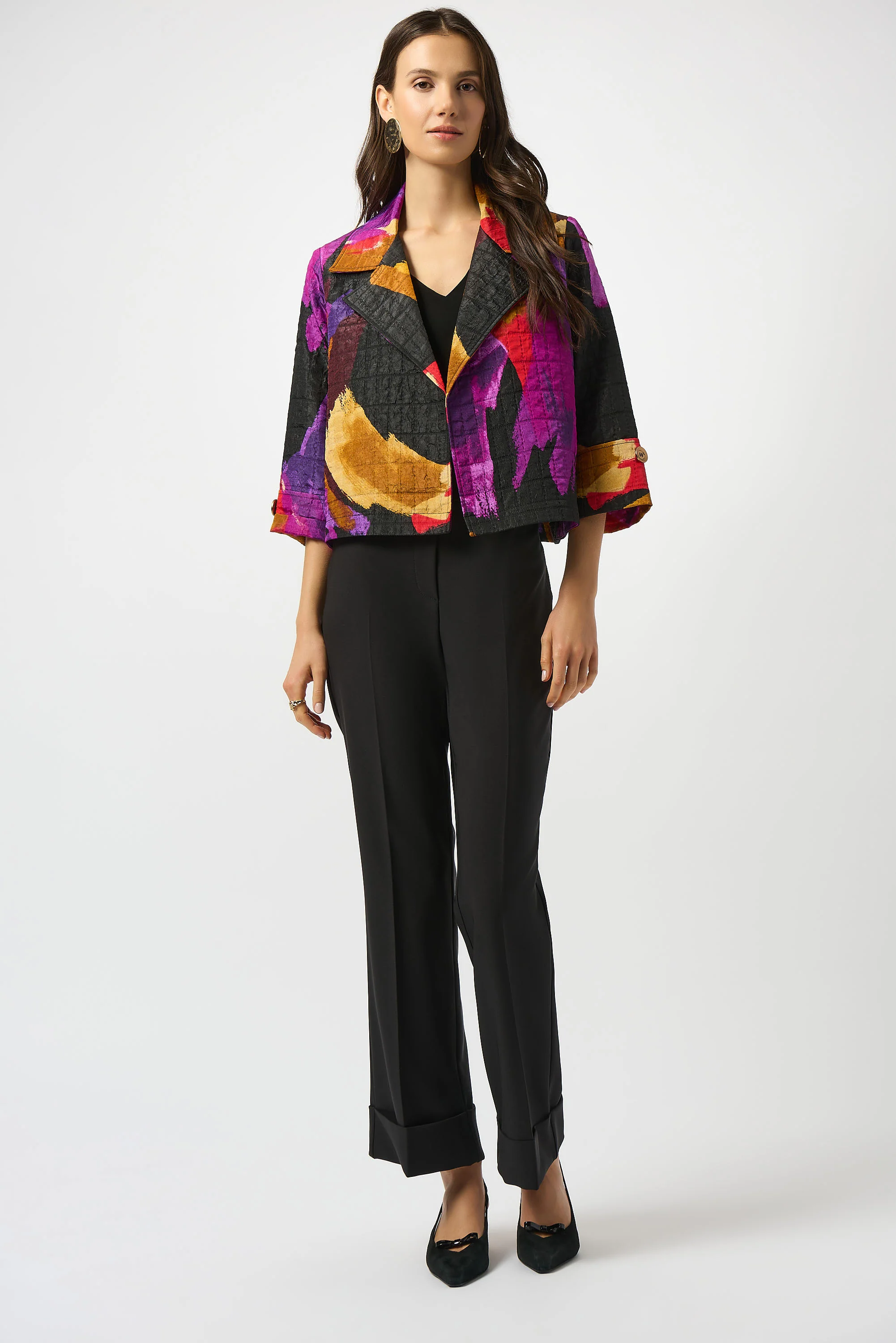 Joseph Ribkoff Black/Multi Textured Jacquard Abstract Print Boxy Blazer Style 253271 - Image 2
