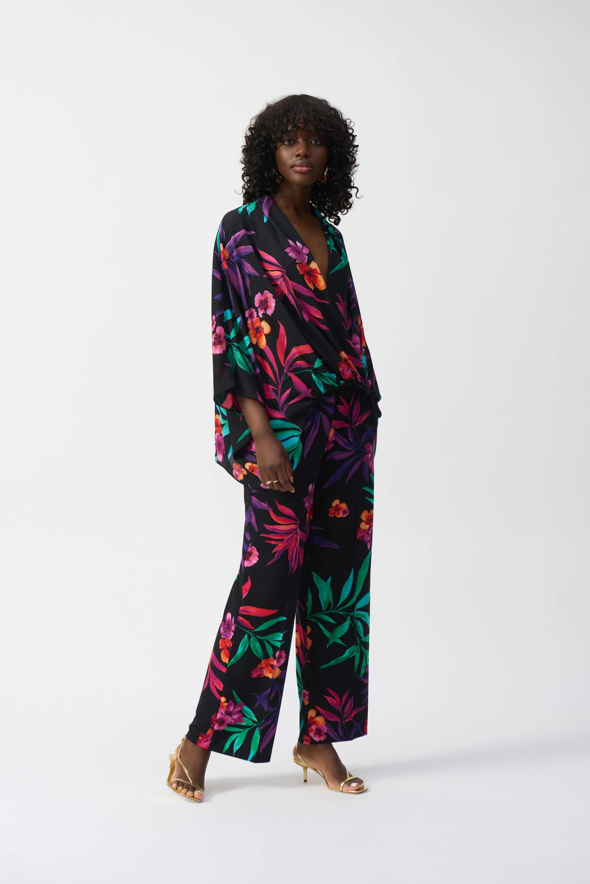 Joseph Ribkoff Black/Multi Tropical Print Wide-Leg Pants Style 251056 - Image 4