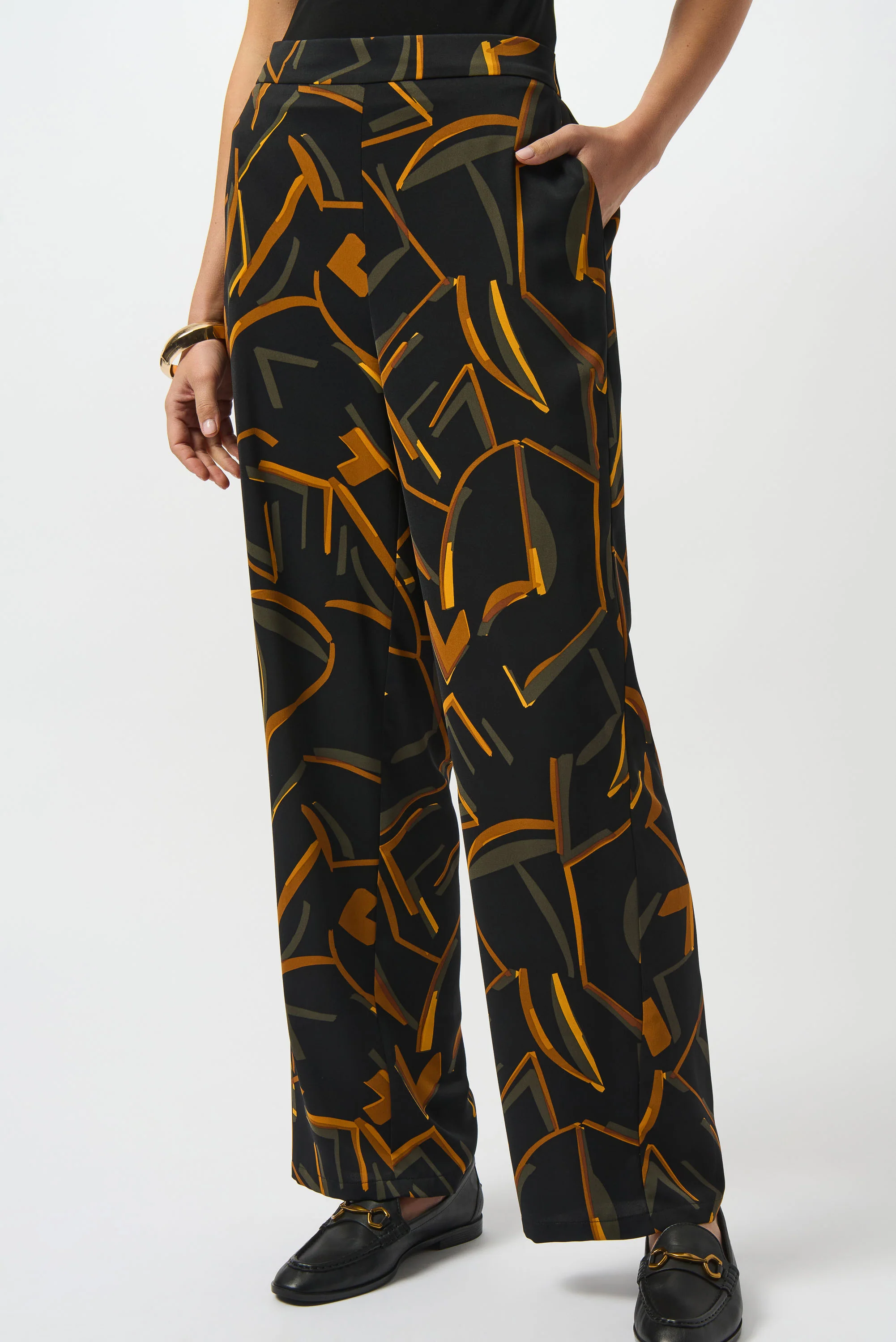 Joseph Ribkoff Black/Multi Woven Geometric Print Wide-Leg Pants Style 253239