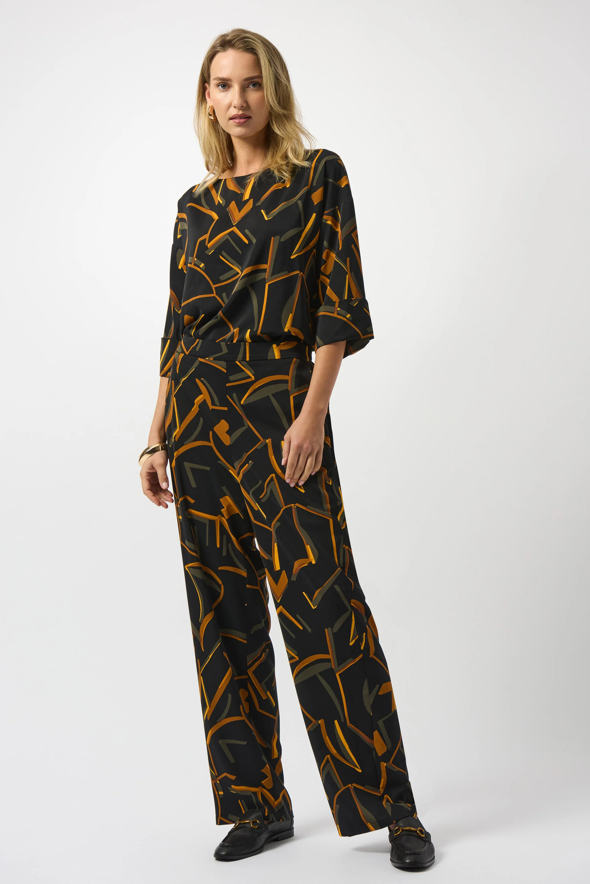 Joseph Ribkoff Black/Multi Woven Geometric Print Wide-Leg Pants Style 253239 - Image 3