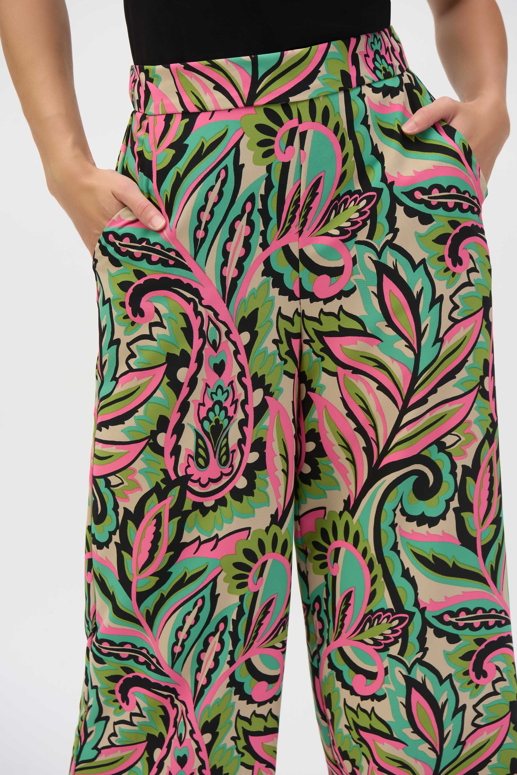 Joseph Ribkoff Black/Multi Woven Paisley Print Wide-Leg Pants Style 252142 - Image 2