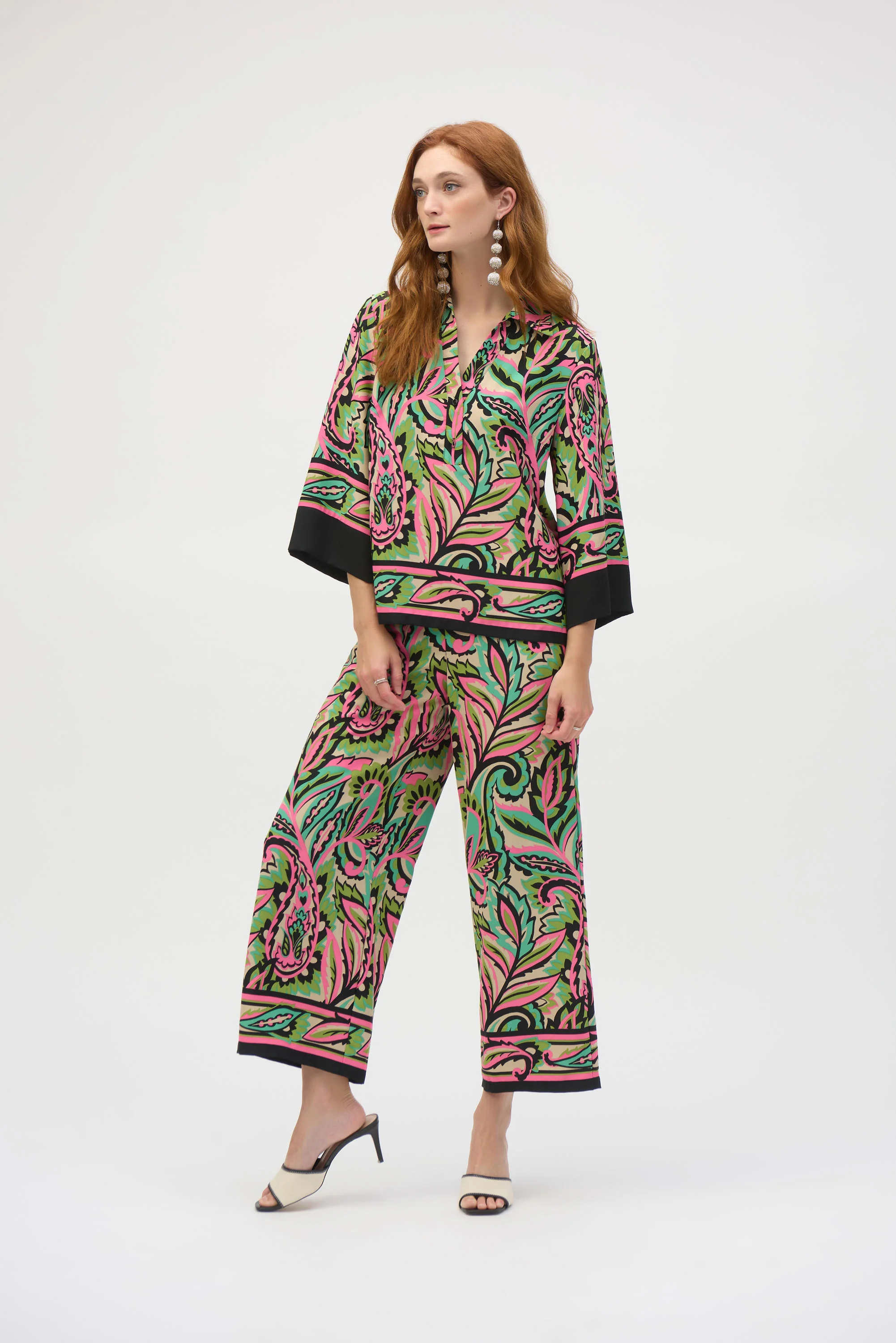 Joseph Ribkoff Black/Multi Woven Paisley Print Wide-Leg Pants Style 252142 - Image 3