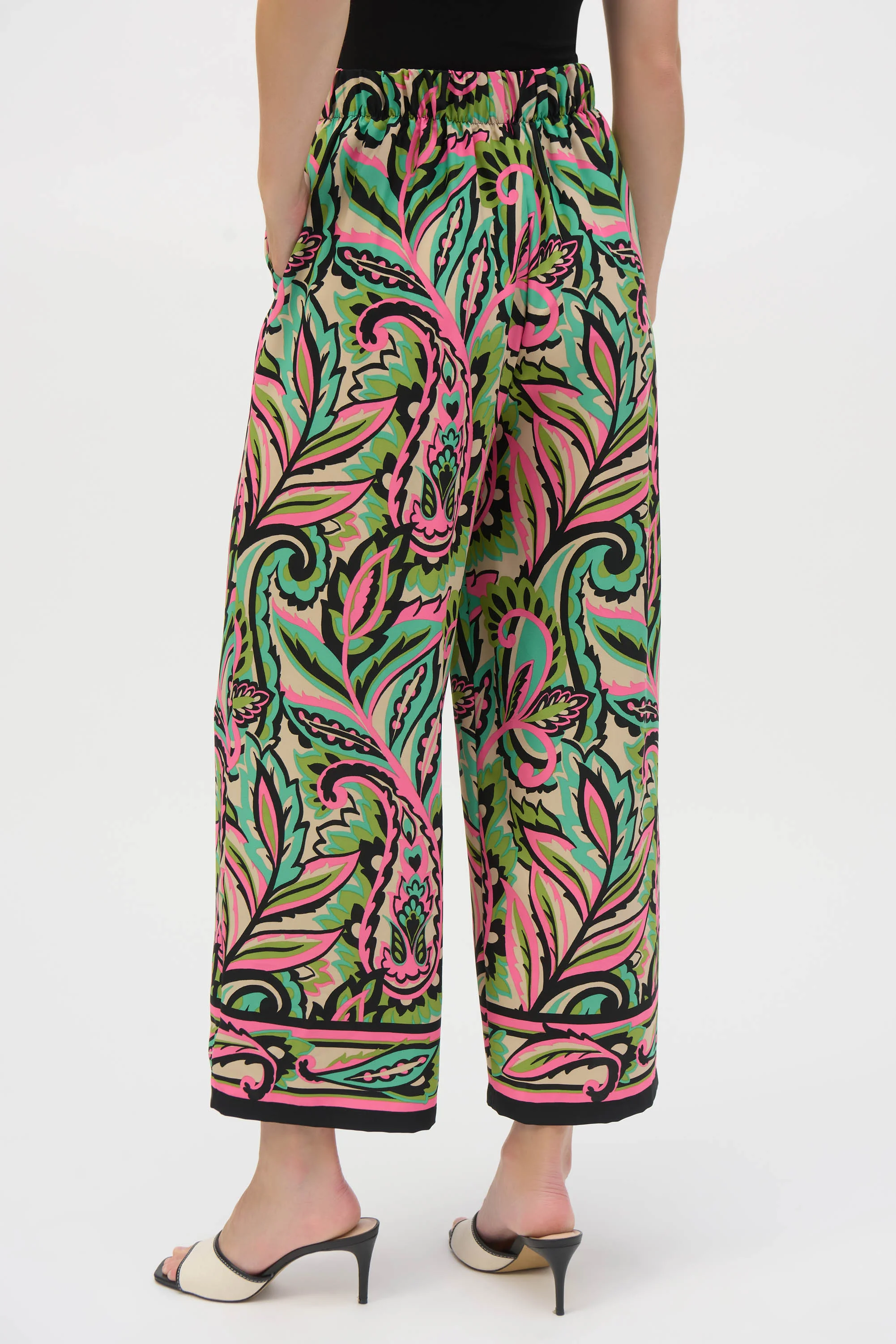 Joseph Ribkoff Black/Multi Woven Paisley Print Wide-Leg Pants Style 252142 - Image 4
