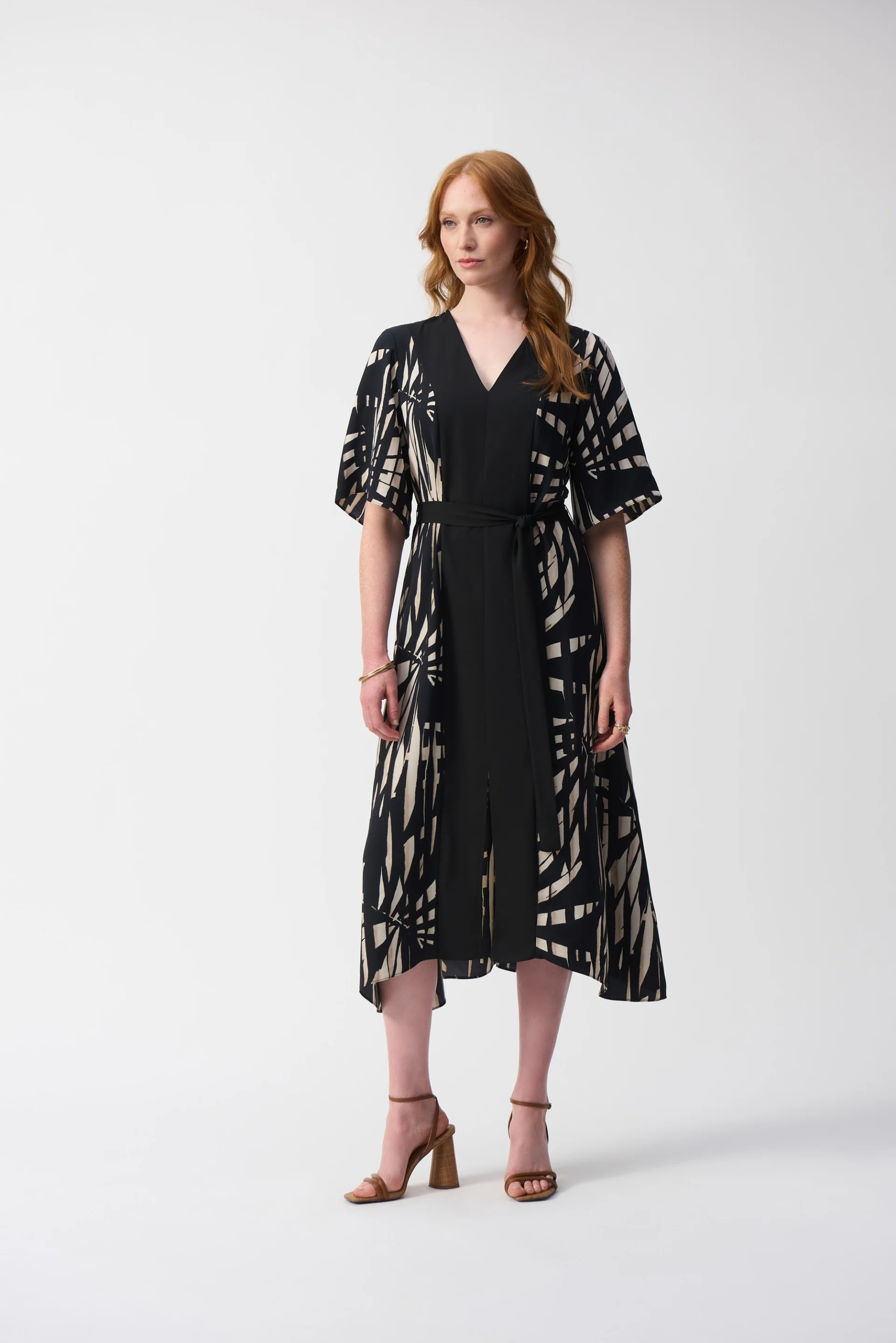 Joseph Ribkoff Black/Multi Woven Tropical Print A-Line Dress Style 251154 - Image 3