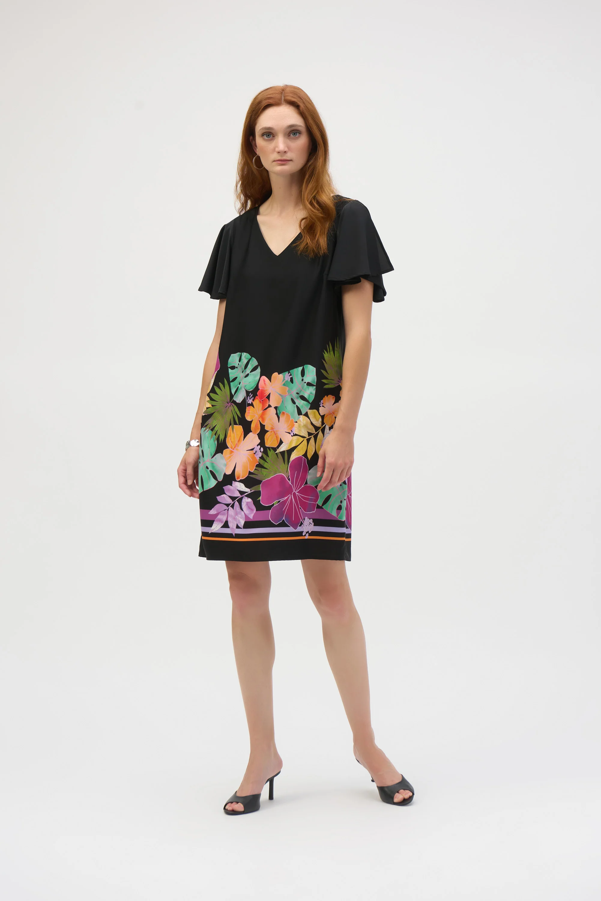 Joseph Ribkoff Black/Multi Tropical Print Straight Dress Style 252151