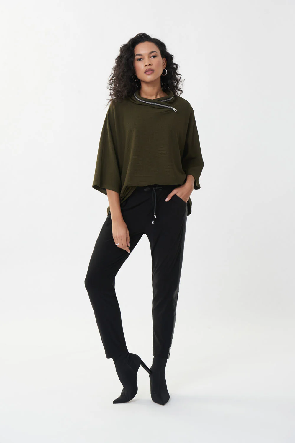 Joseph Ribkoff Black/Olive Hooded Top Style 213621R