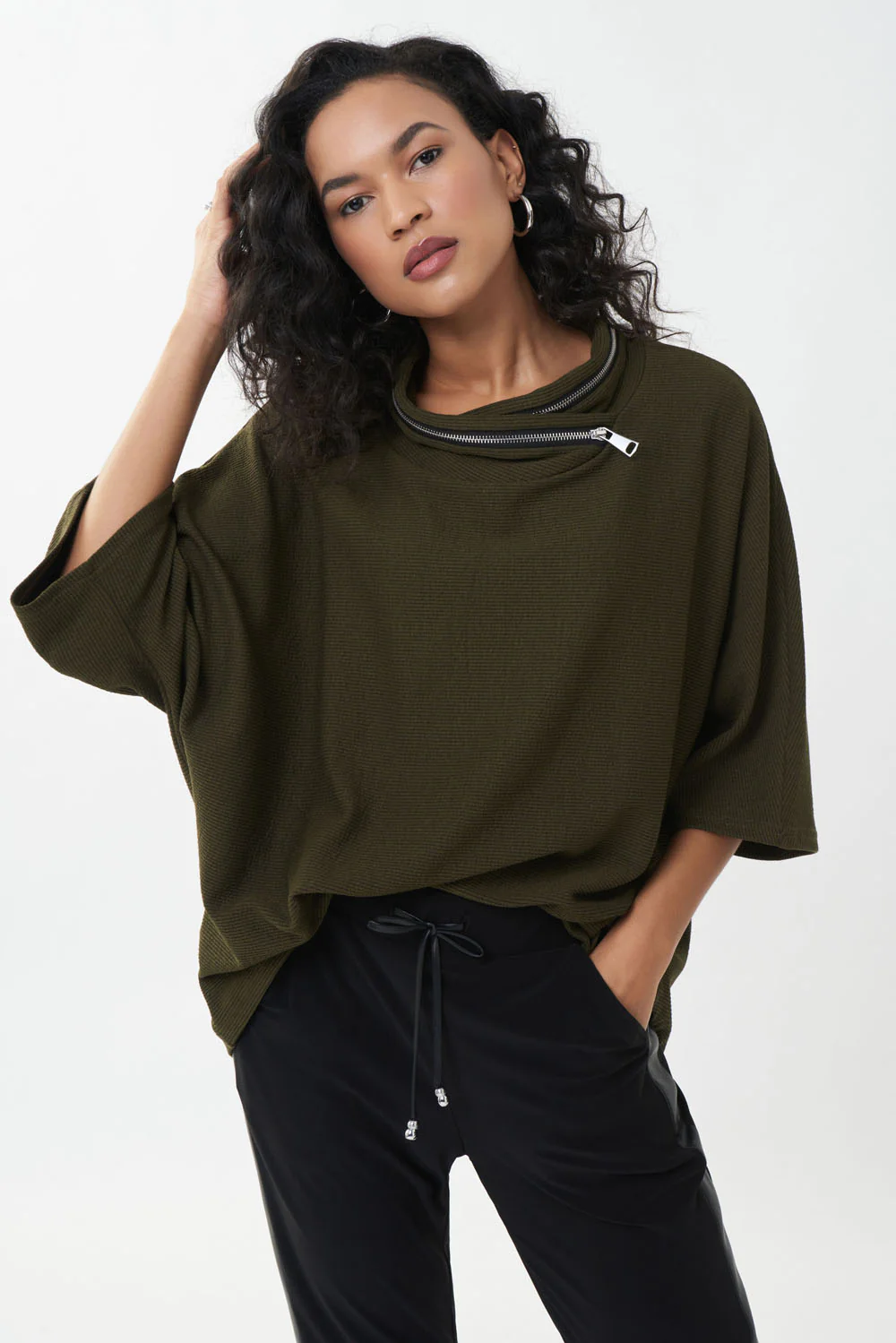 Joseph Ribkoff Black/Olive Hooded Top Style 213621R - Image 2