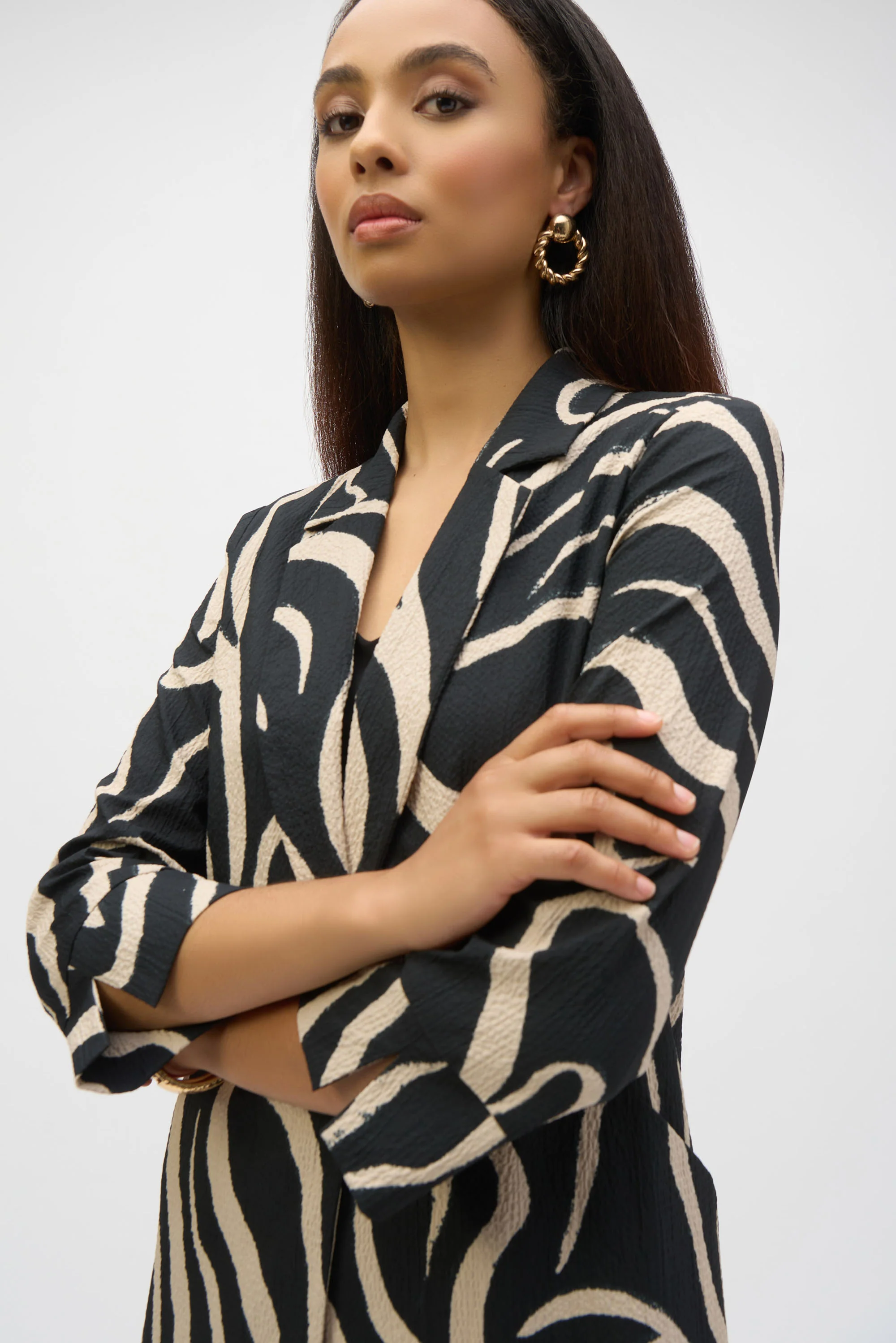 Joseph Ribkoff Black/Parchment Abstract Print Straight Blazer Style 252152 - Image 2
