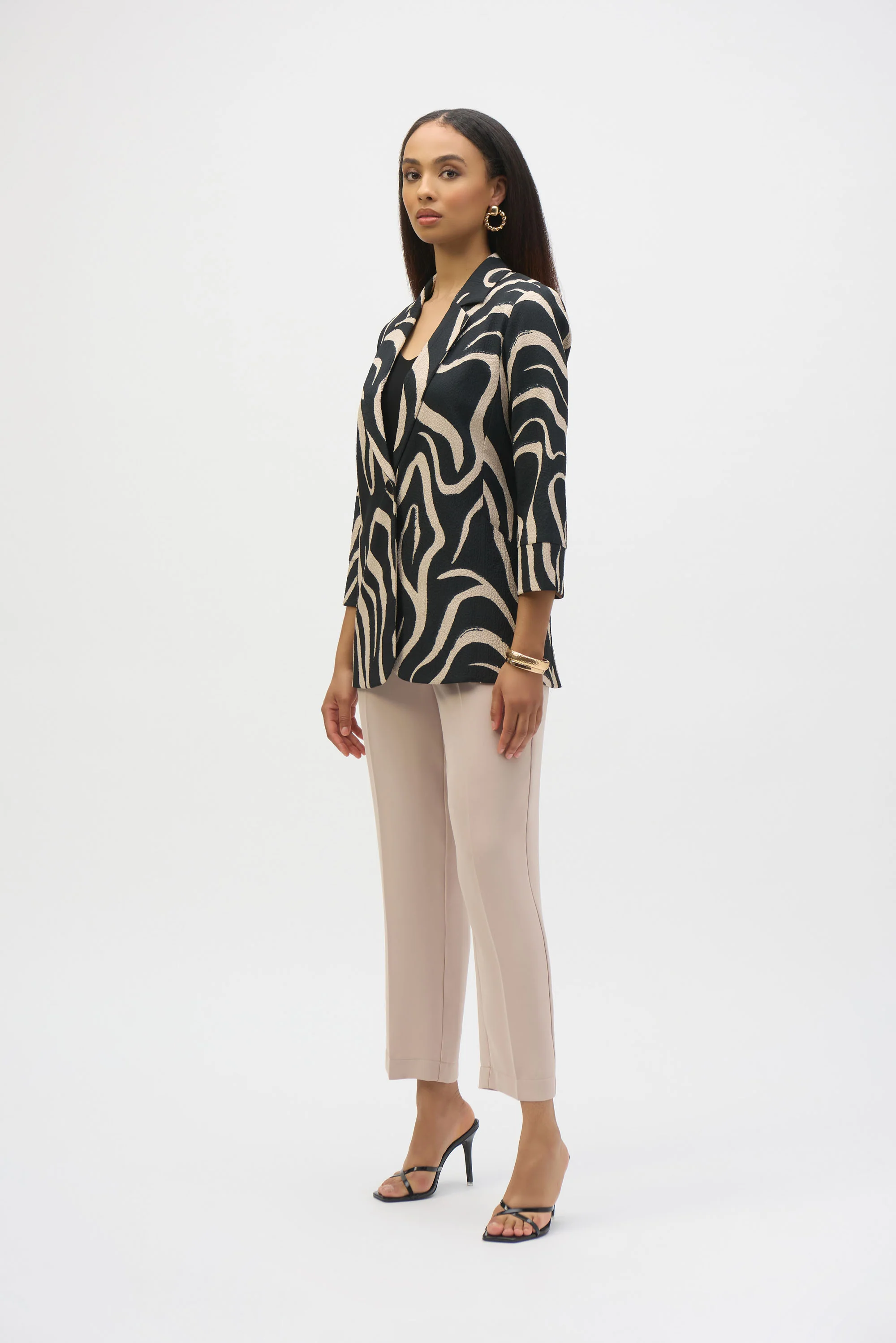 Joseph Ribkoff Black/Parchment Abstract Print Straight Blazer Style 252152 - Image 3
