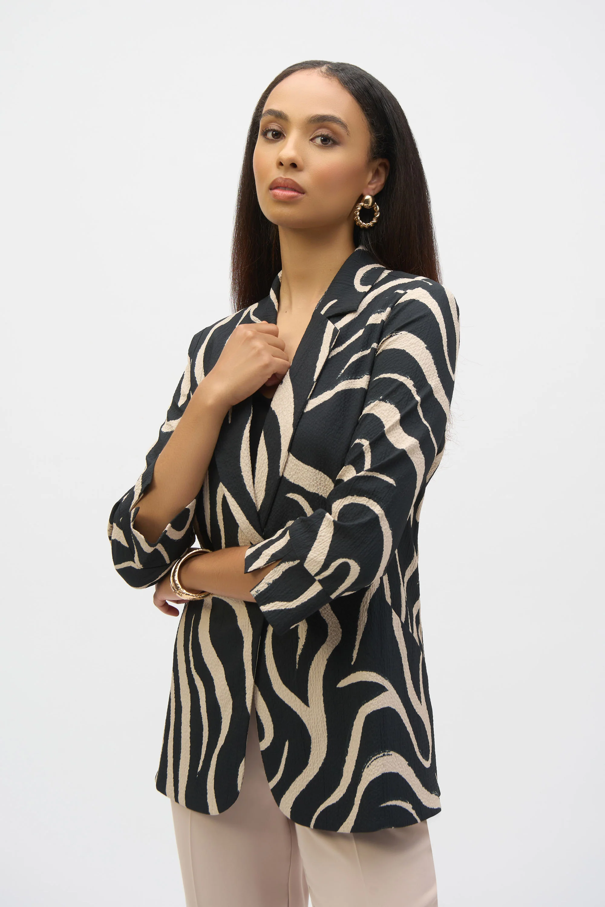 Joseph Ribkoff Black/Parchment Abstract Print Straight Blazer Style 252152 - Image 5