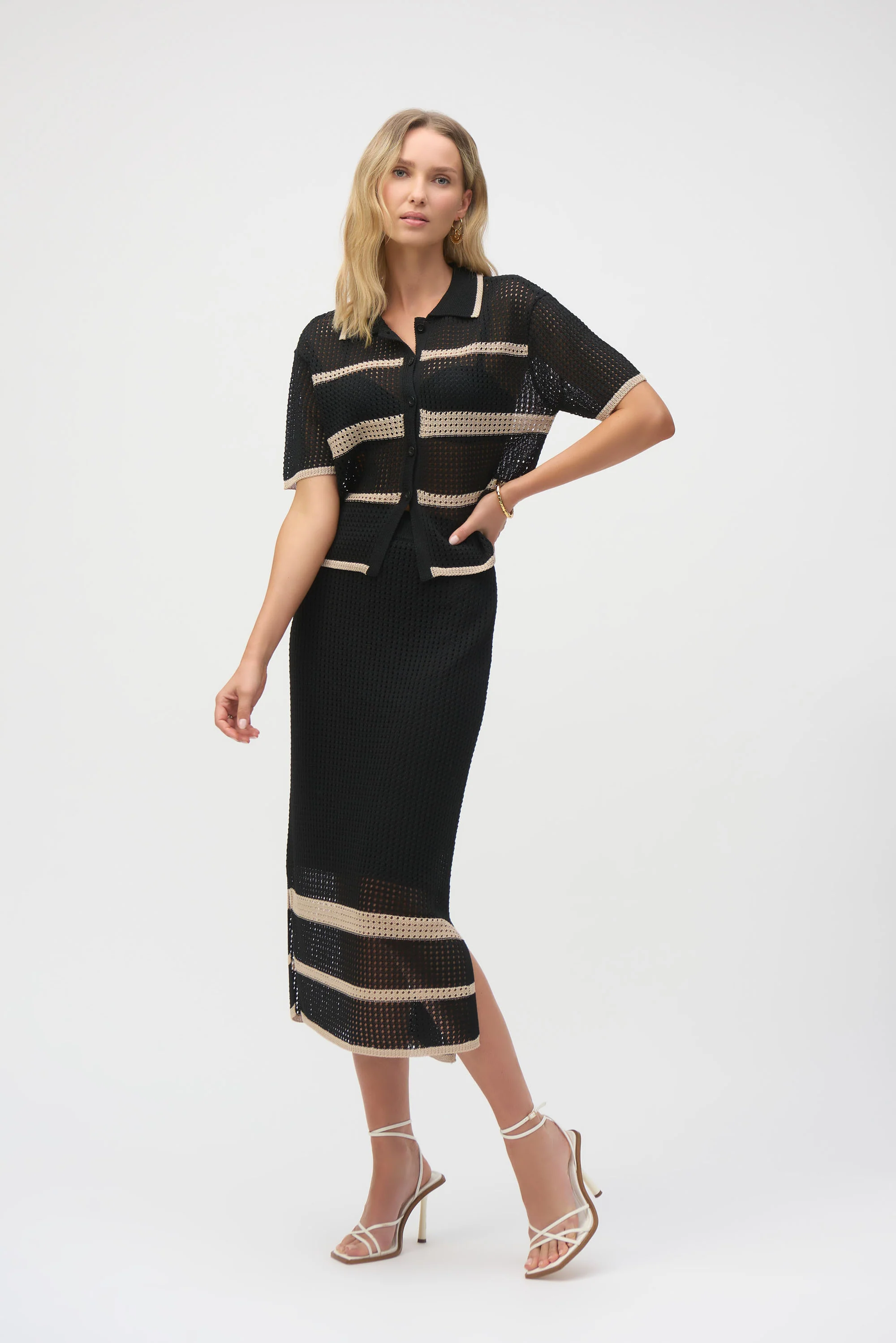 Joseph Ribkoff Black/Parchment Open Stitch Stripe Skirt Style 252923 - Image 4