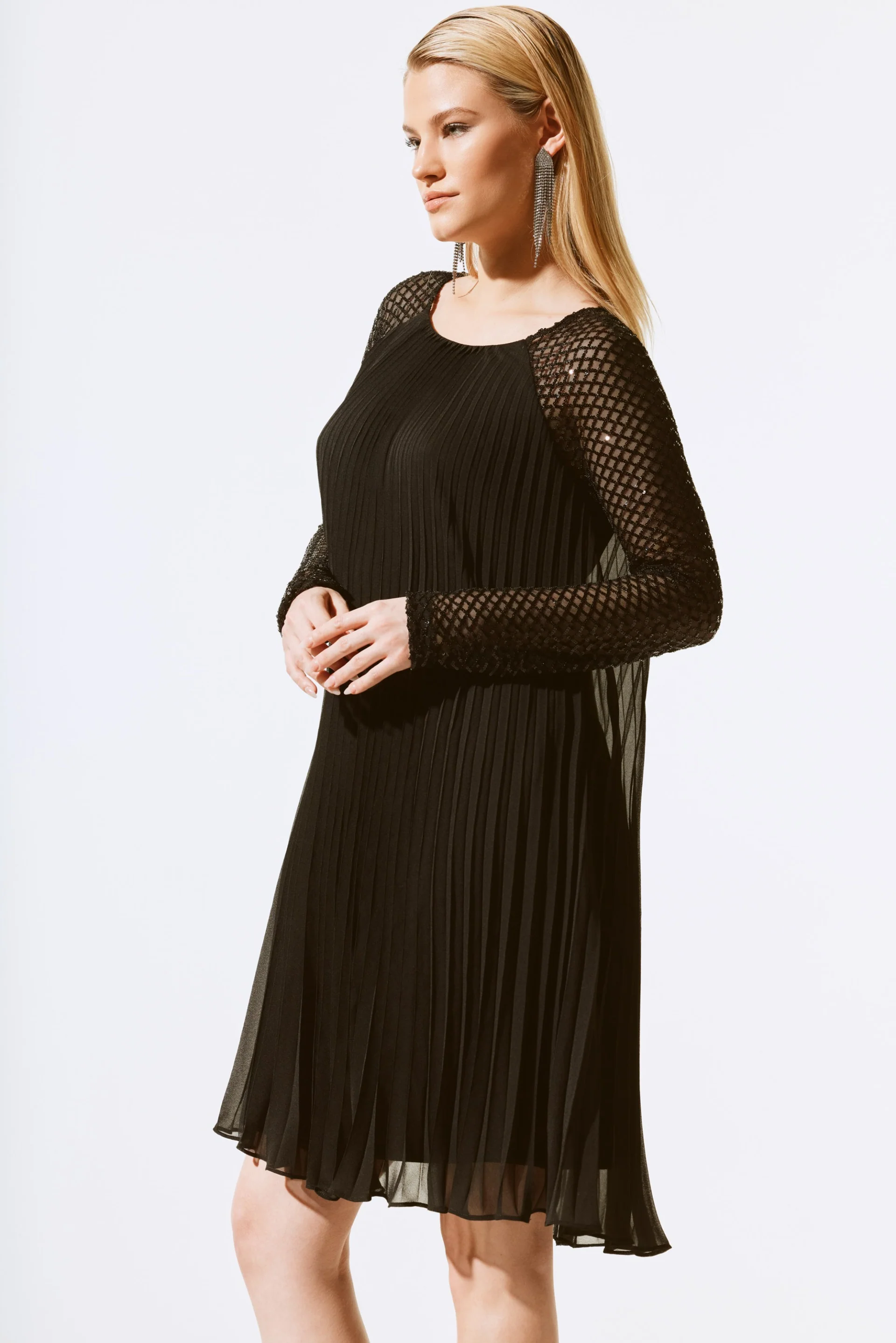 Joseph Ribkoff Black Pleated Chiffon Dress With Sequins Style 243778 - Image 3