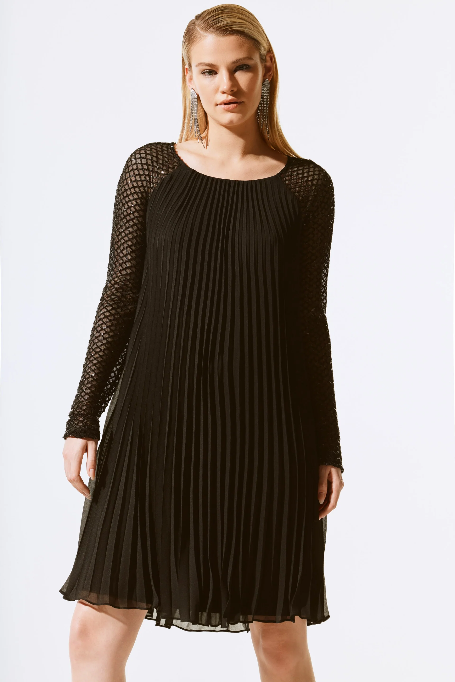 Joseph Ribkoff Black Pleated Chiffon Dress With Sequins Style 243778 - Image 4