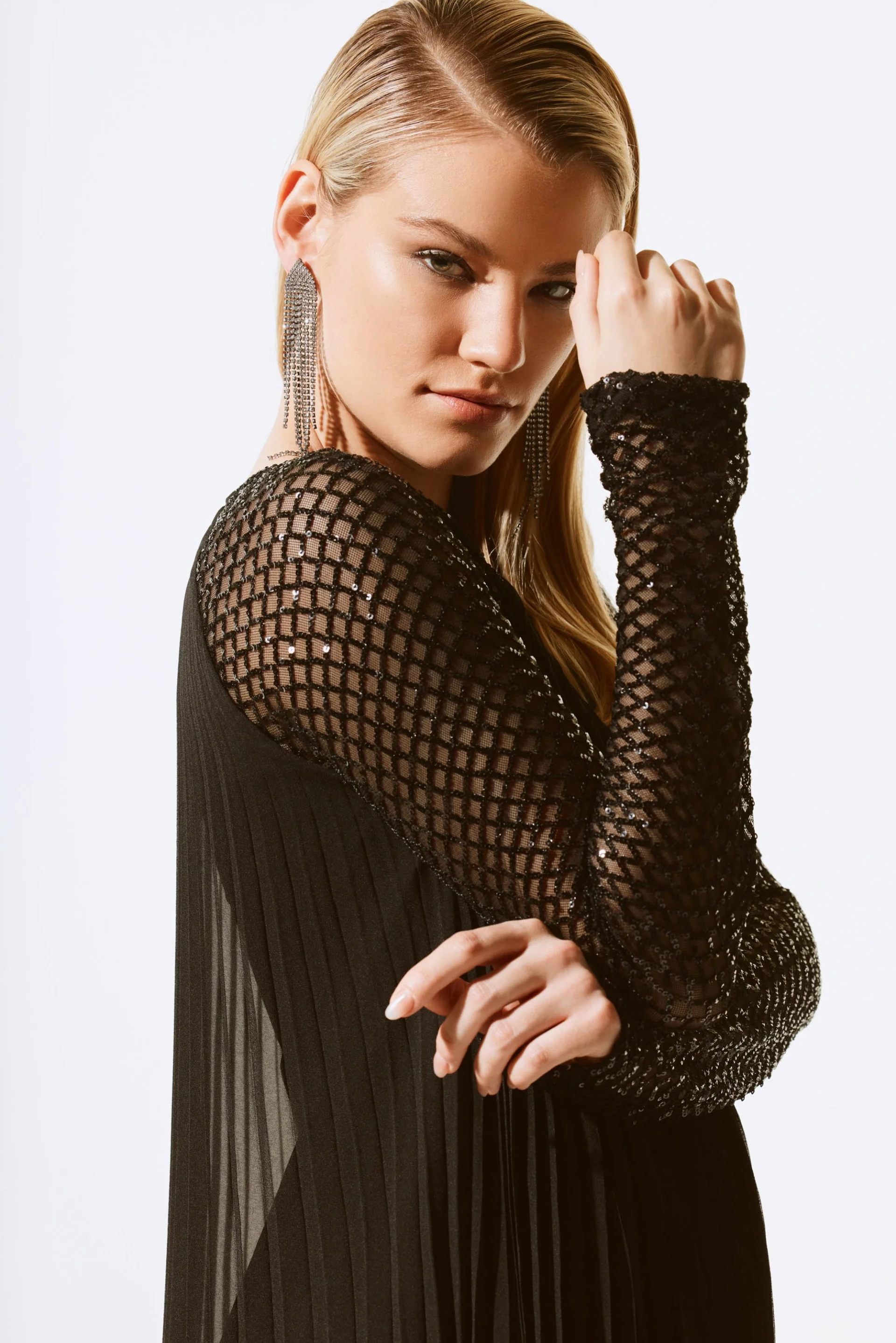 Joseph Ribkoff Black Pleated Chiffon Dress With Sequins Style 243778 - Image 5