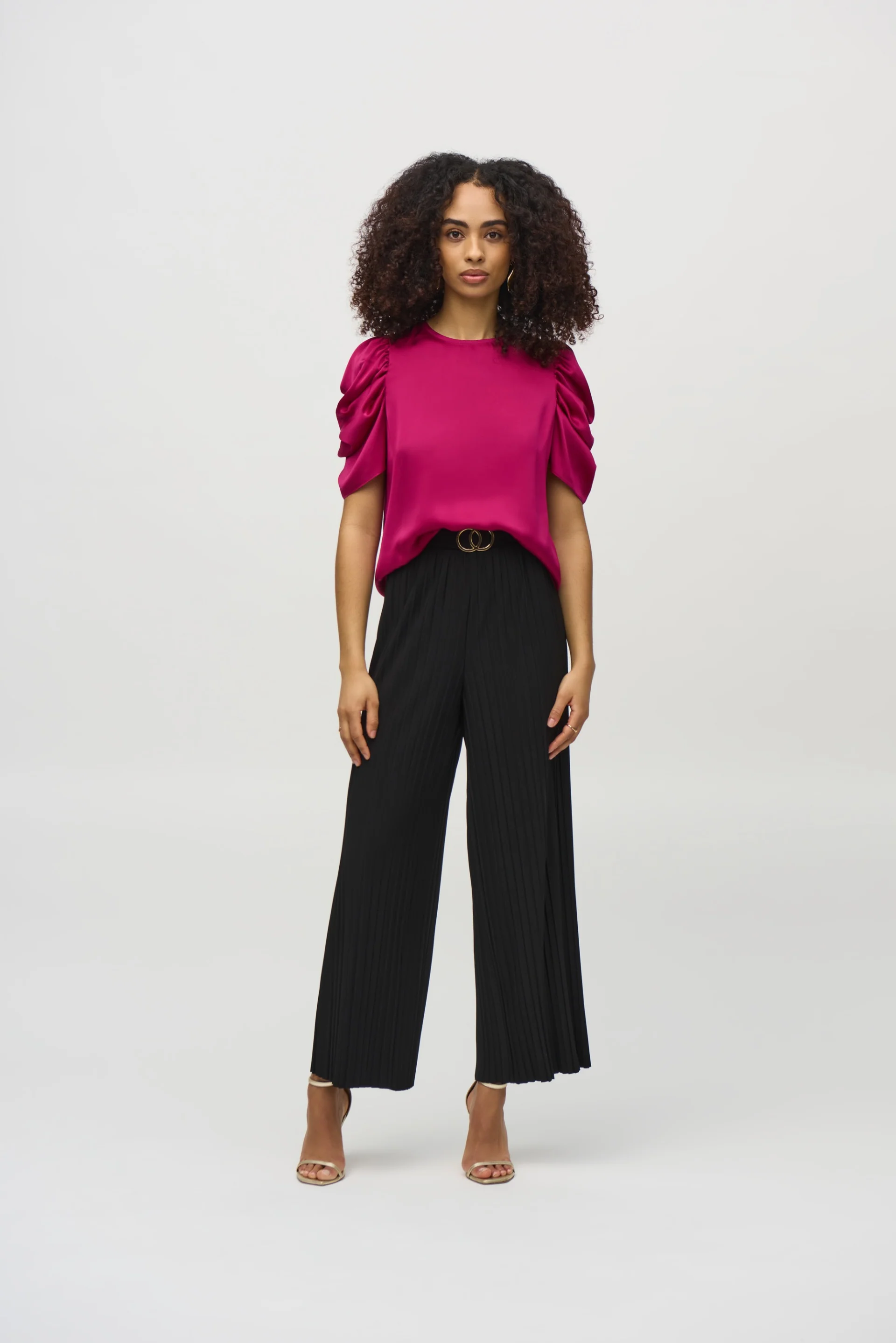 Joseph Ribkoff Black Pleated Silky Knit Wide-Leg Pants Style 244169 - Image 2