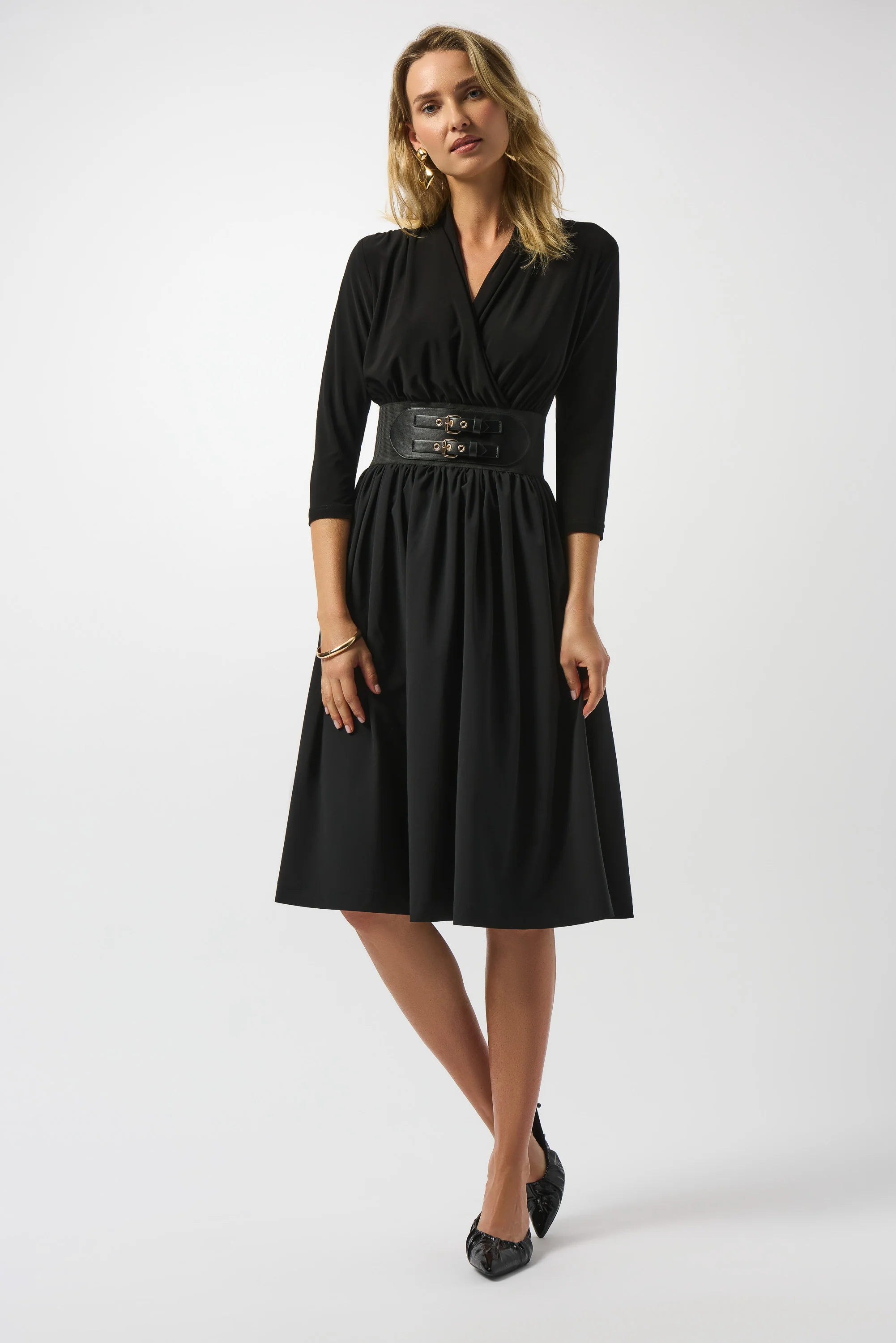 Joseph Ribkoff Black Poplin And Silky Knit Fit and Flare Dress Style 253185 - Image 2