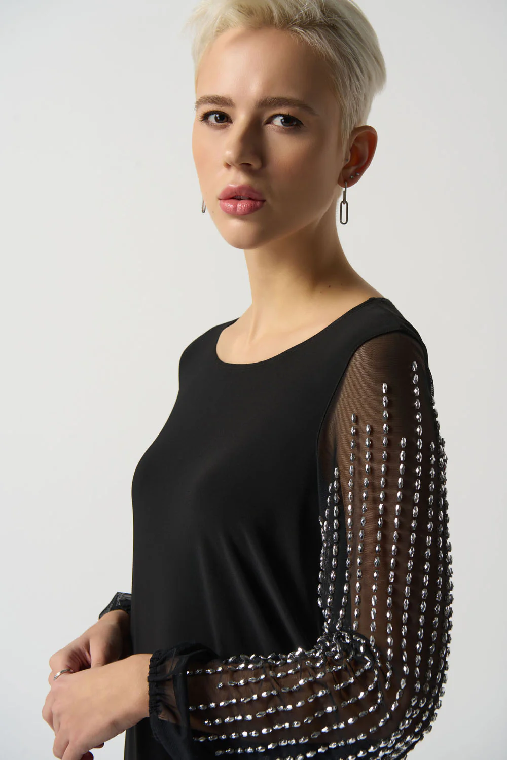 Joseph Ribkoff Black Puff Sleeve Asymmetrical Tunic Style 233002 - Image 2