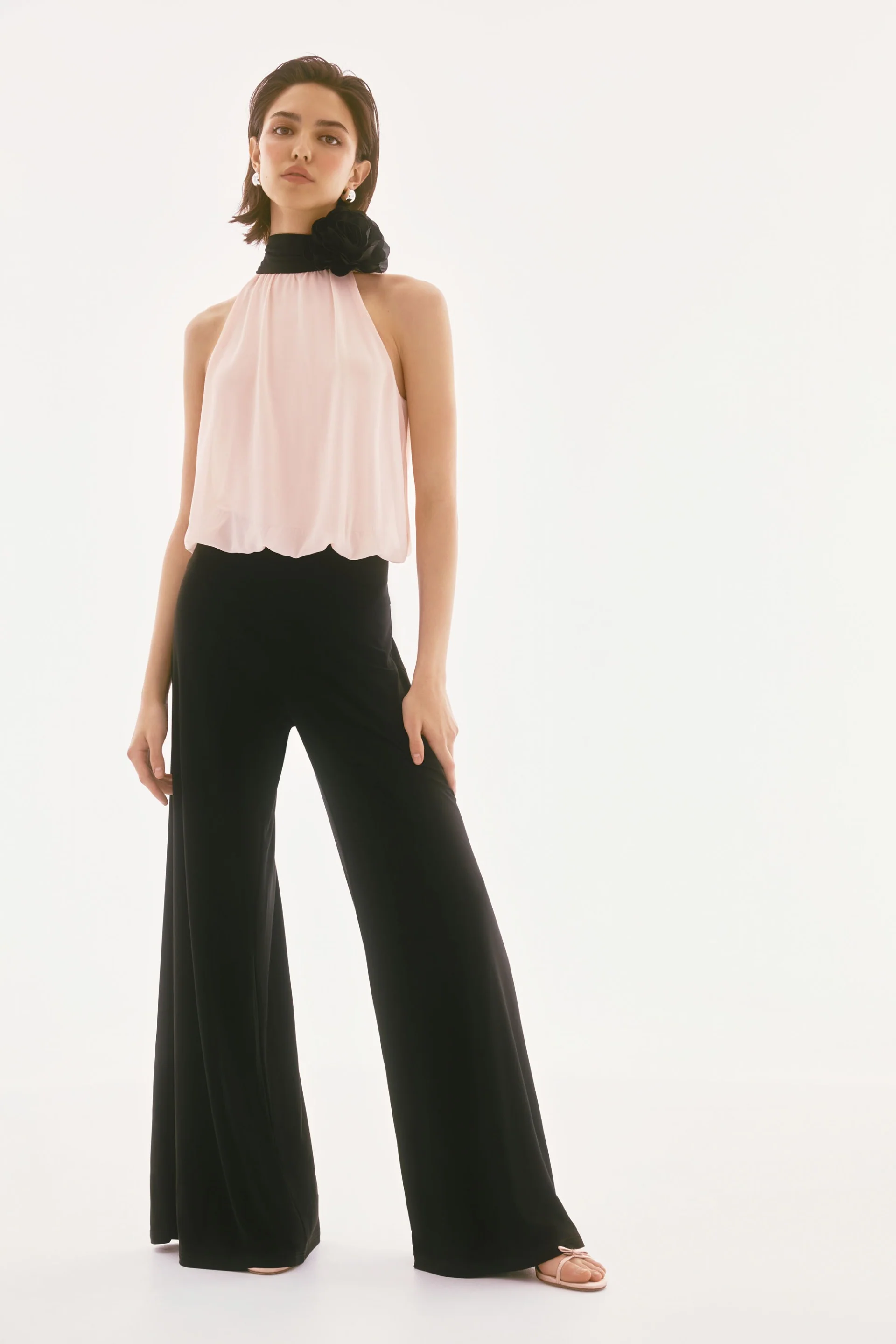 Joseph Ribkoff Black/Quartz Silky Knit and Chiffon Wide Leg Jumpsuit Style 251745
