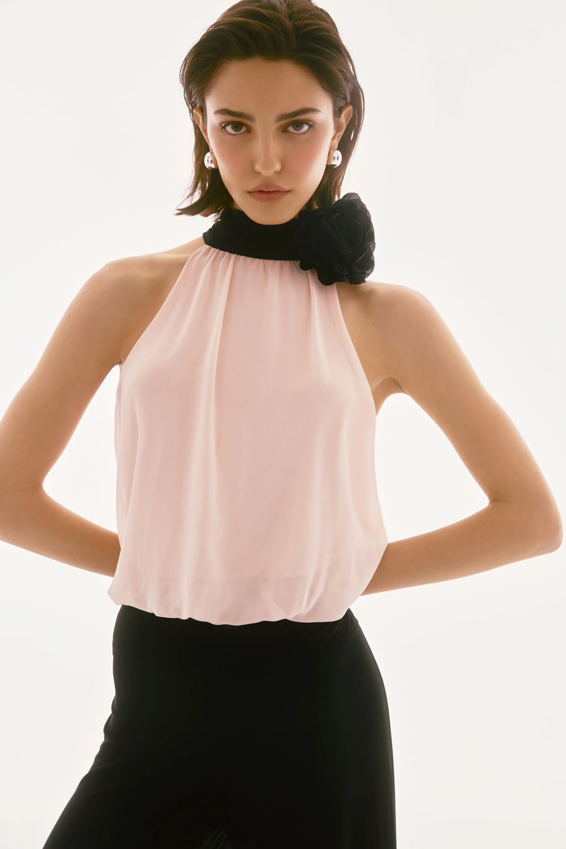 Joseph Ribkoff Black/Quartz Silky Knit and Chiffon Wide Leg Jumpsuit Style 251745 - Image 2