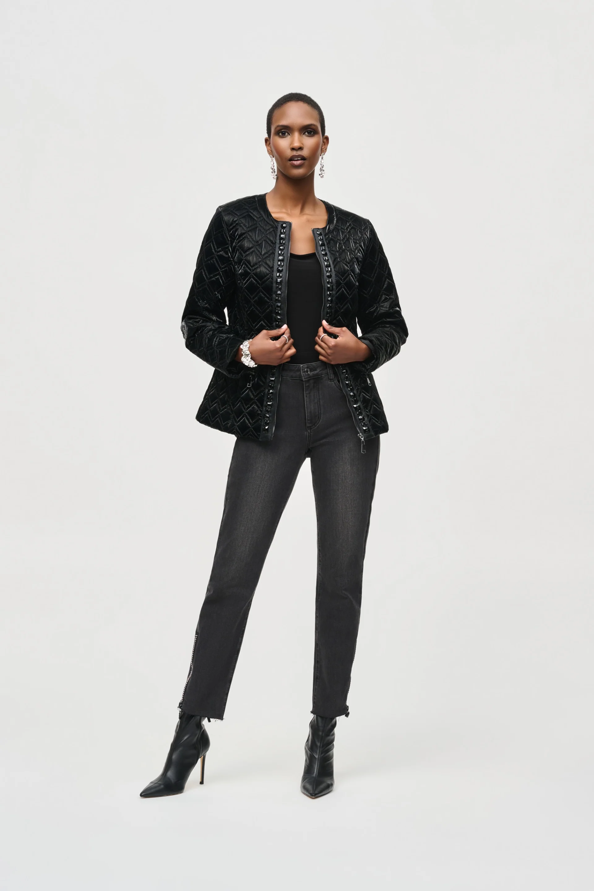 Joseph Ribkoff Black Quilted Puffer Coat With Trim Detail Style 243920 - Image 4