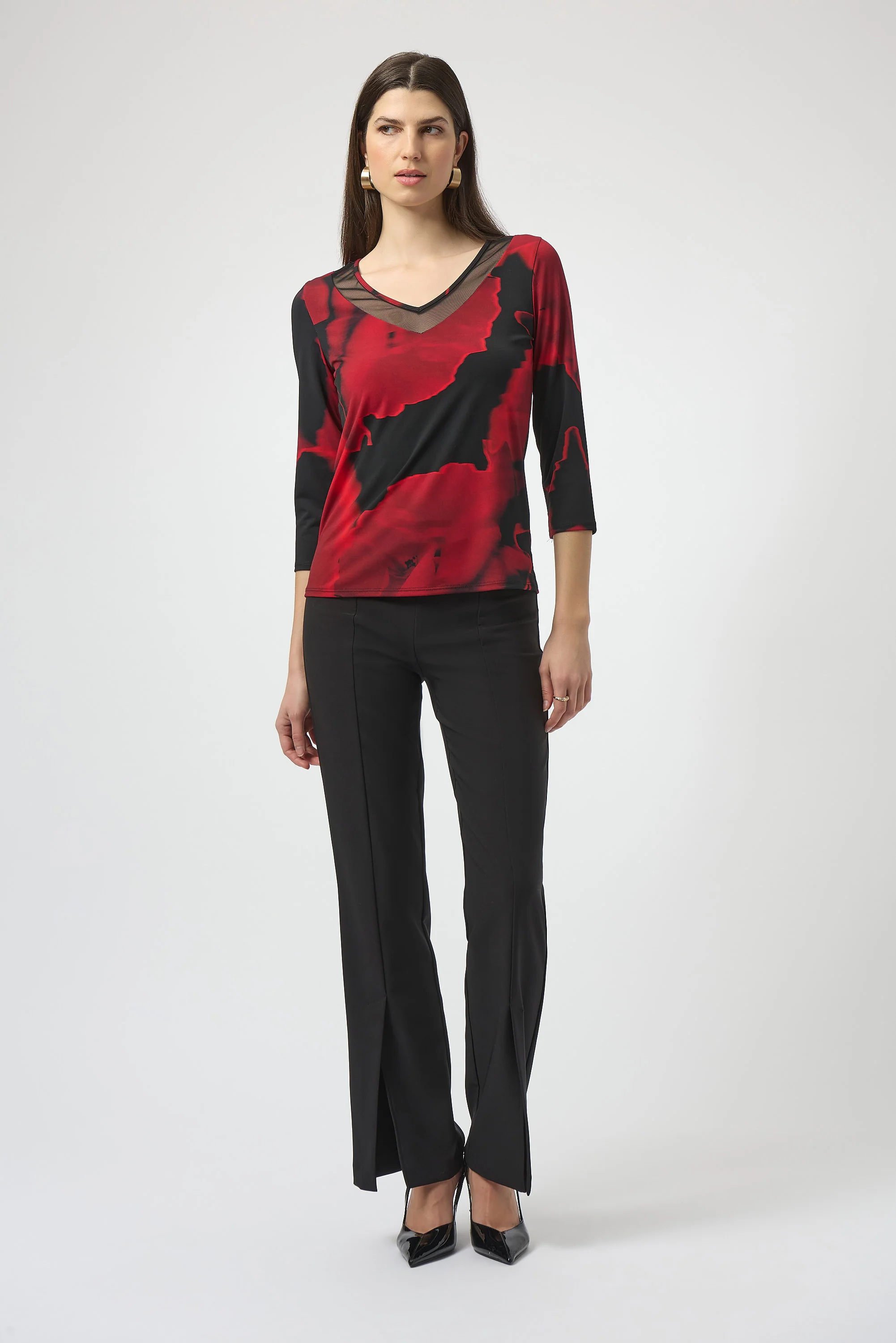 Joseph Ribkoff Black/Red Abstract Print Fitted Top Style 254095 - Image 3