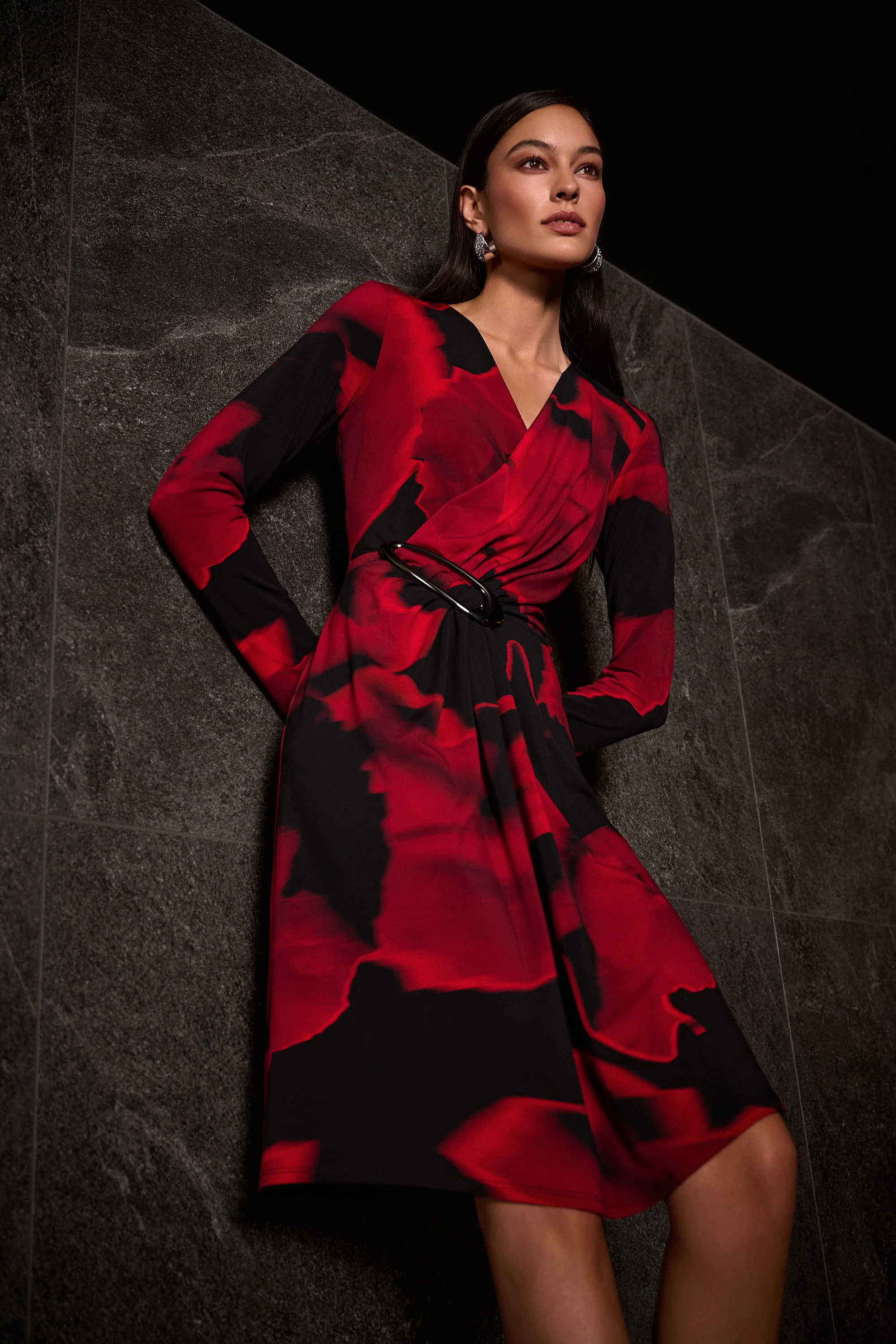 Joseph Ribkoff Black/Red Abstract Print Wrap Dress Style 254088