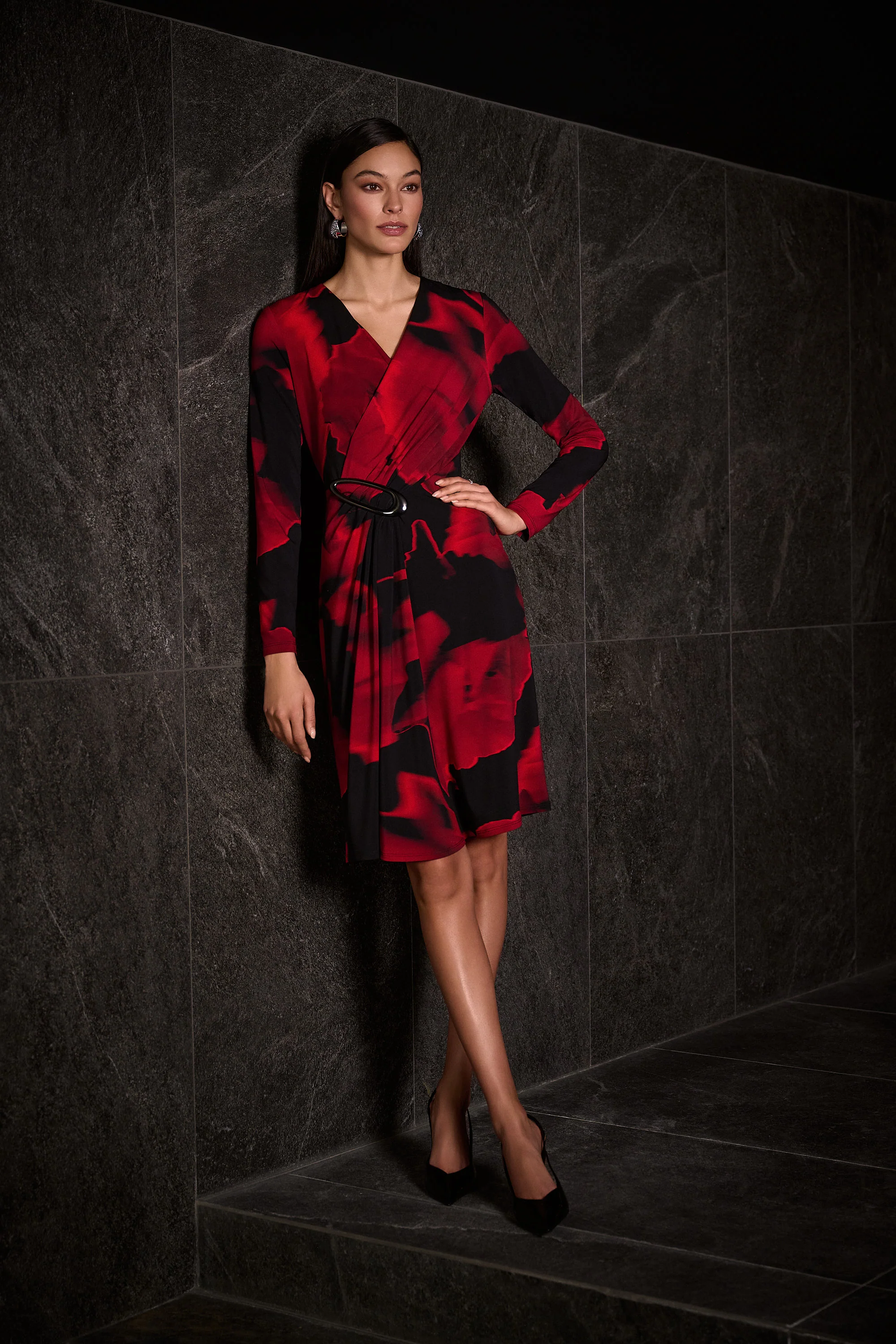 Joseph Ribkoff Black/Red Abstract Print Wrap Dress Style 254088 - Image 2