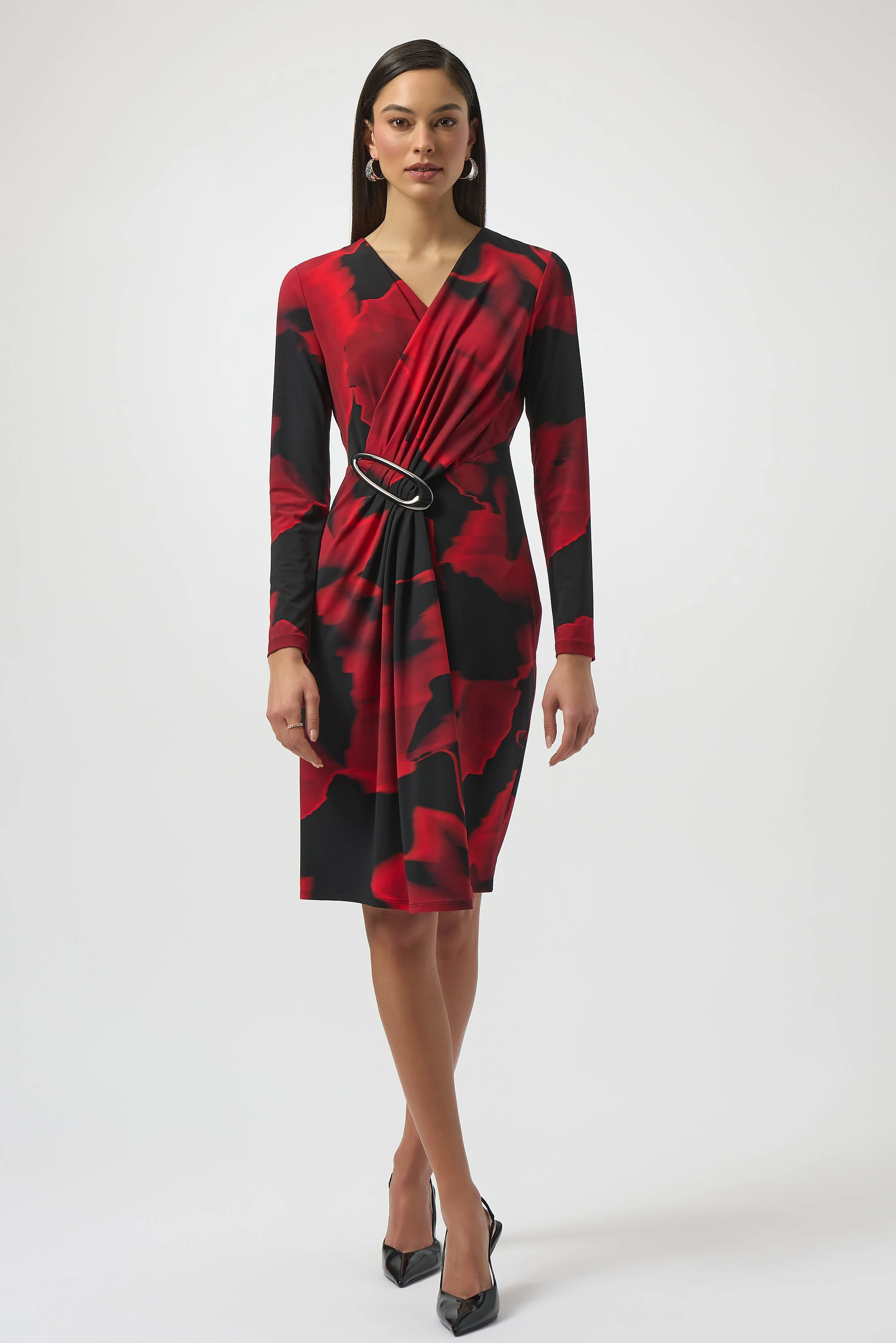 Joseph Ribkoff Black/Red Abstract Print Wrap Dress Style 254088 - Image 3