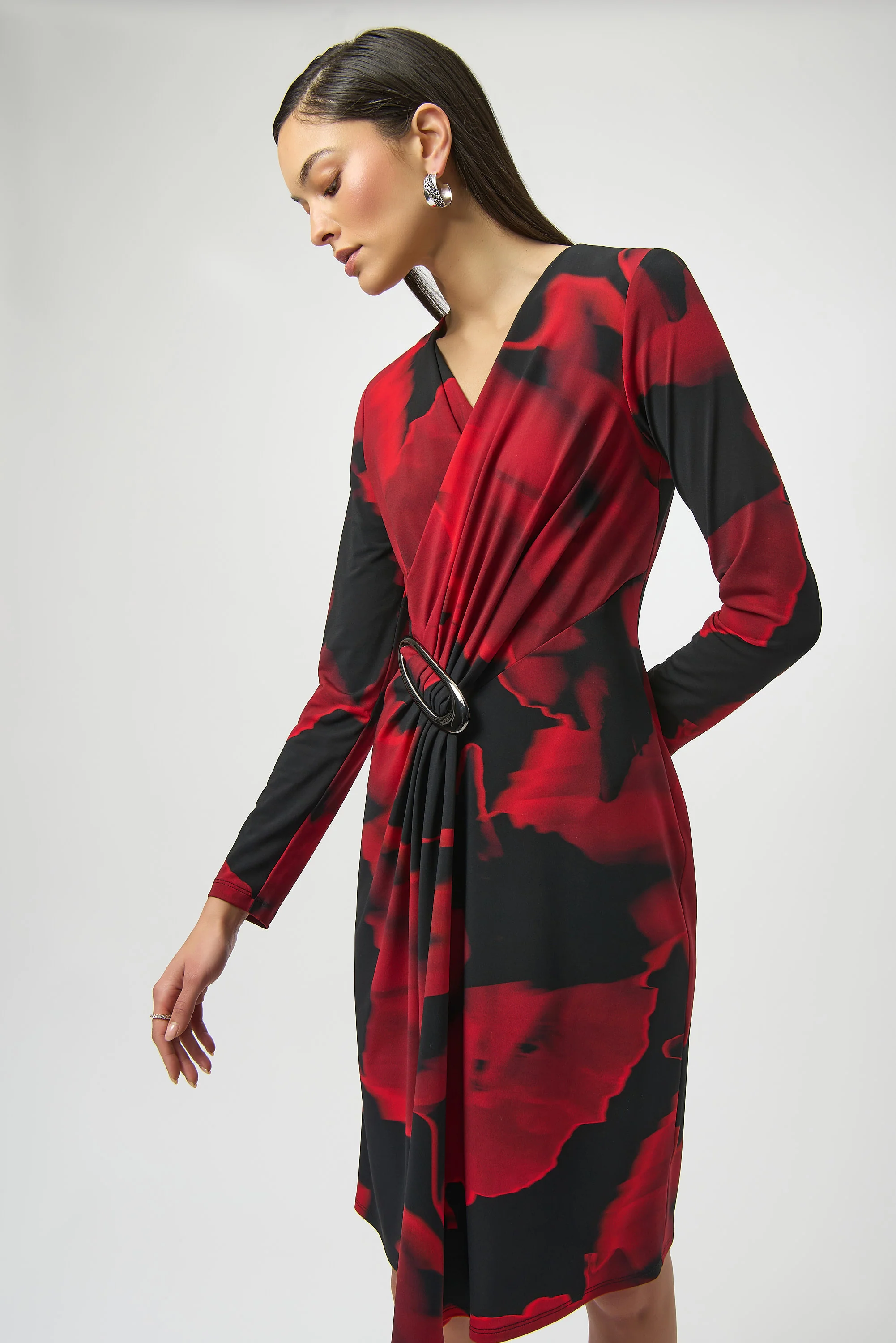 Joseph Ribkoff Black/Red Abstract Print Wrap Dress Style 254088 - Image 4