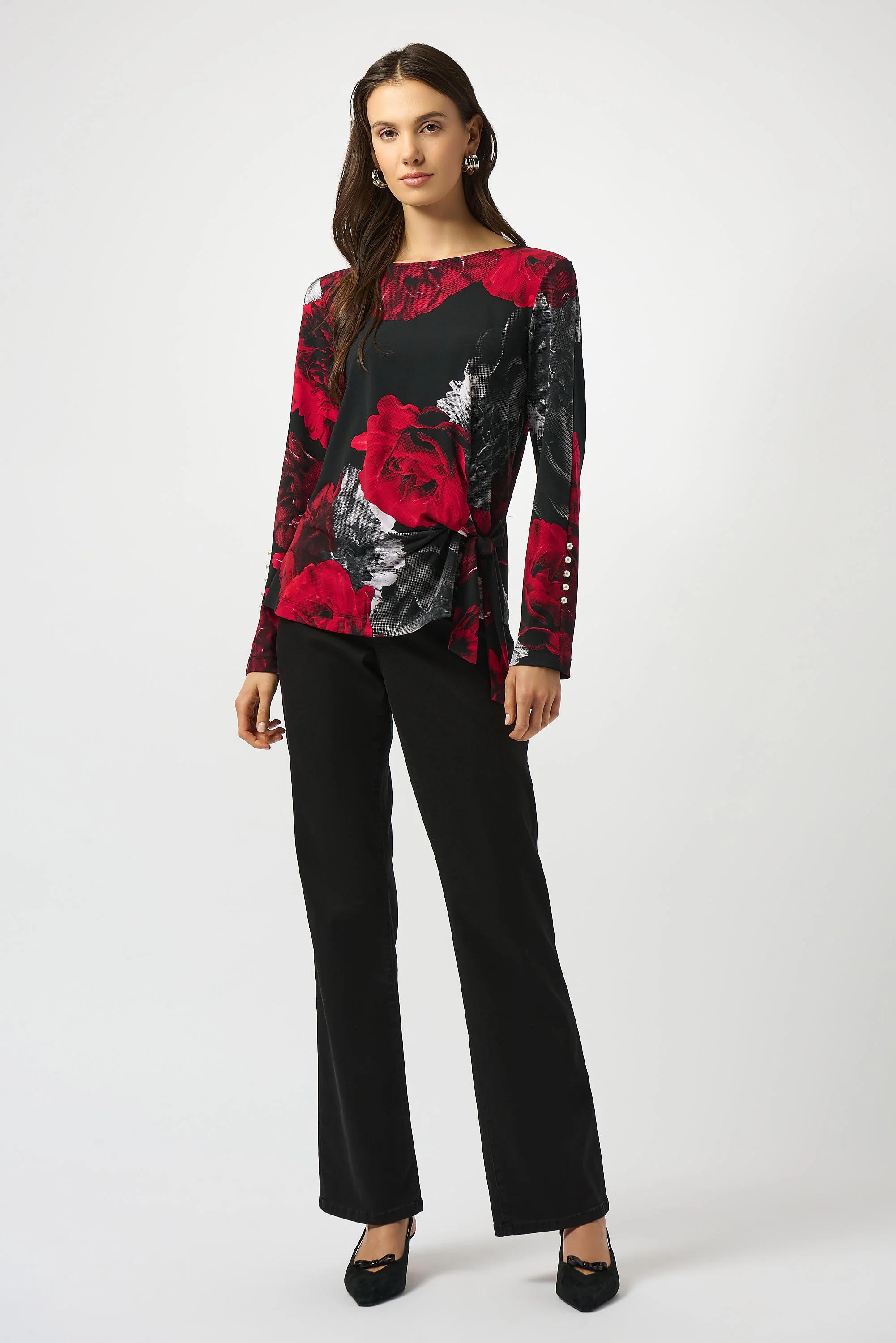 Joseph Ribkoff Black/Red Silky Knit Floral Print Fitted Top Style 253301 - Image 2