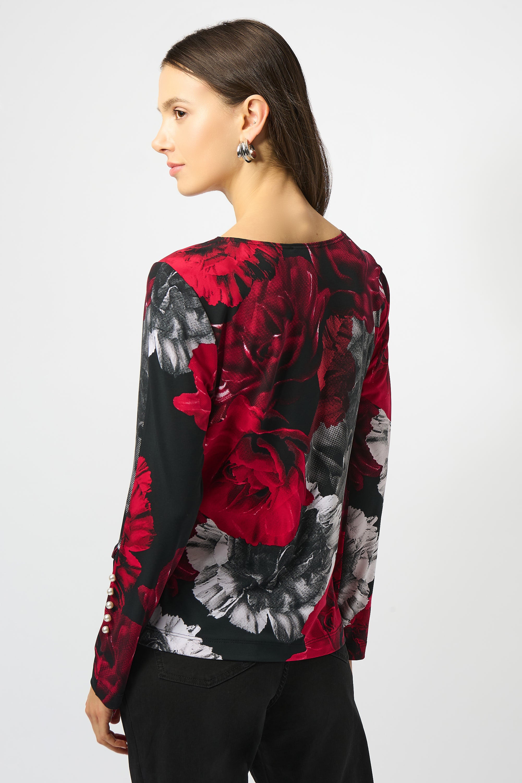Joseph Ribkoff Black/Red Silky Knit Floral Print Fitted Top Style 253301 - Image 4