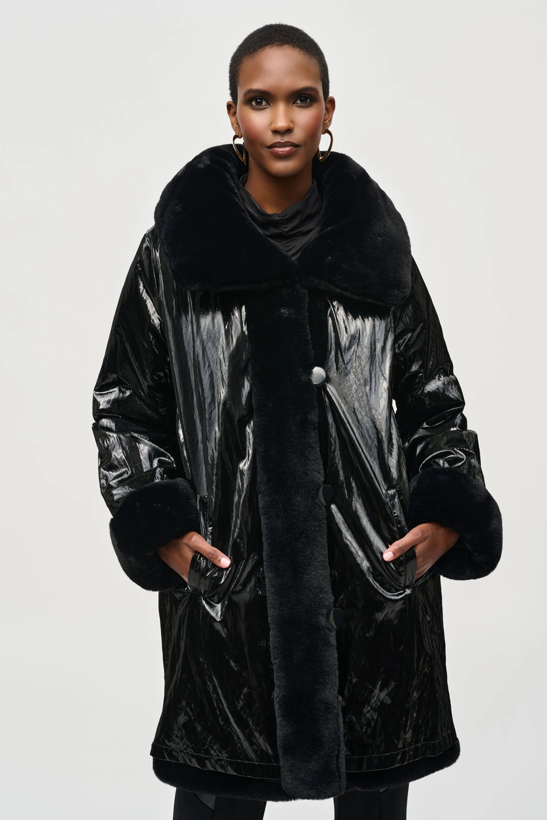 Joseph Ribkoff Black Reversible Faux Fur Coat Style 243904 - Image 4