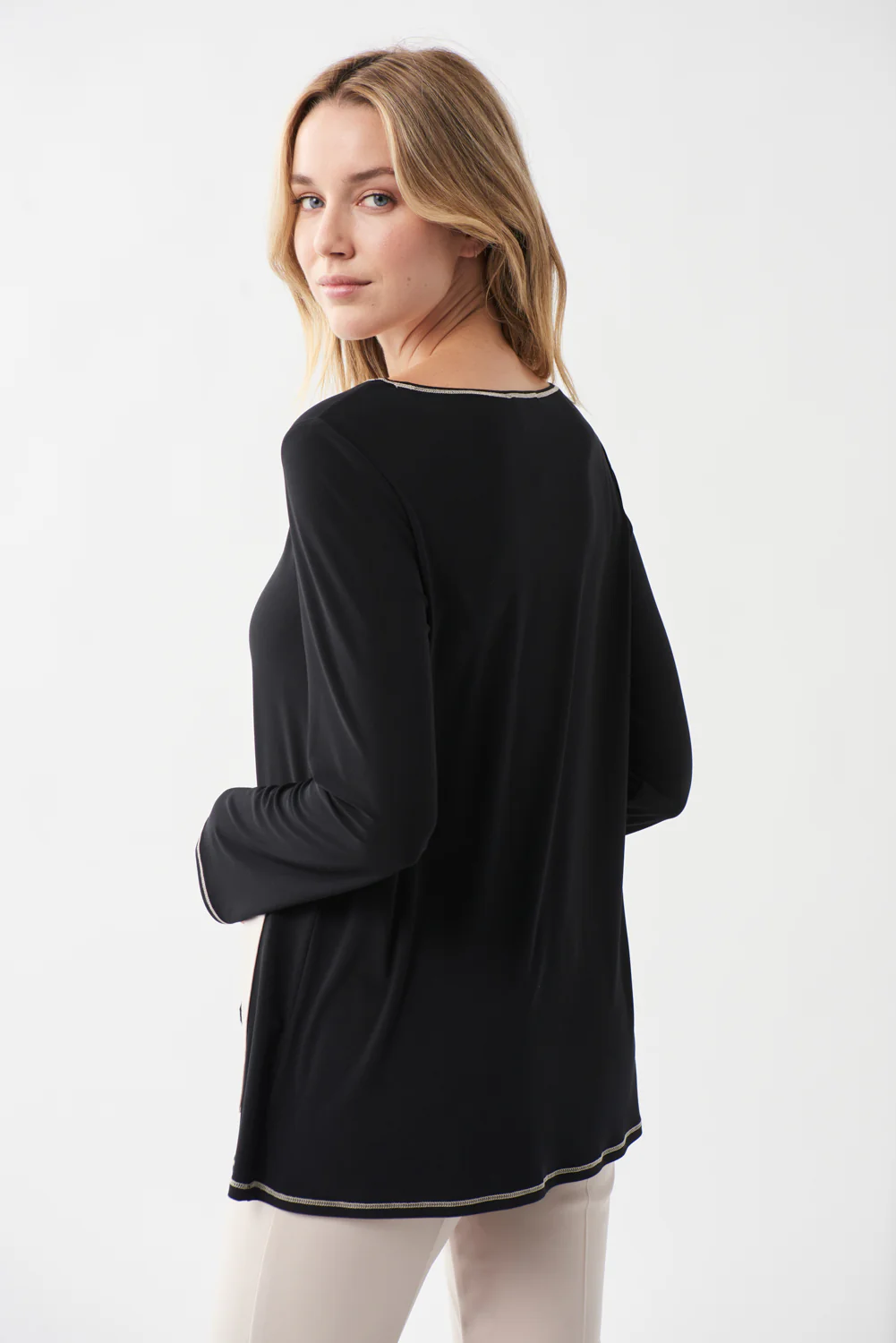 Joseph Ribkoff Black/Sand Patchwork Top Style 213614 - Image 2