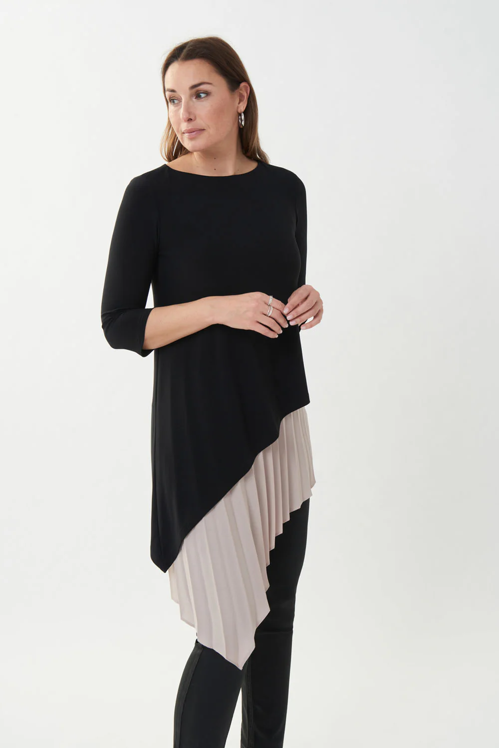 Joseph Ribkoff Black/Sand Pleated Trim Tunic Style 223140 - Image 2