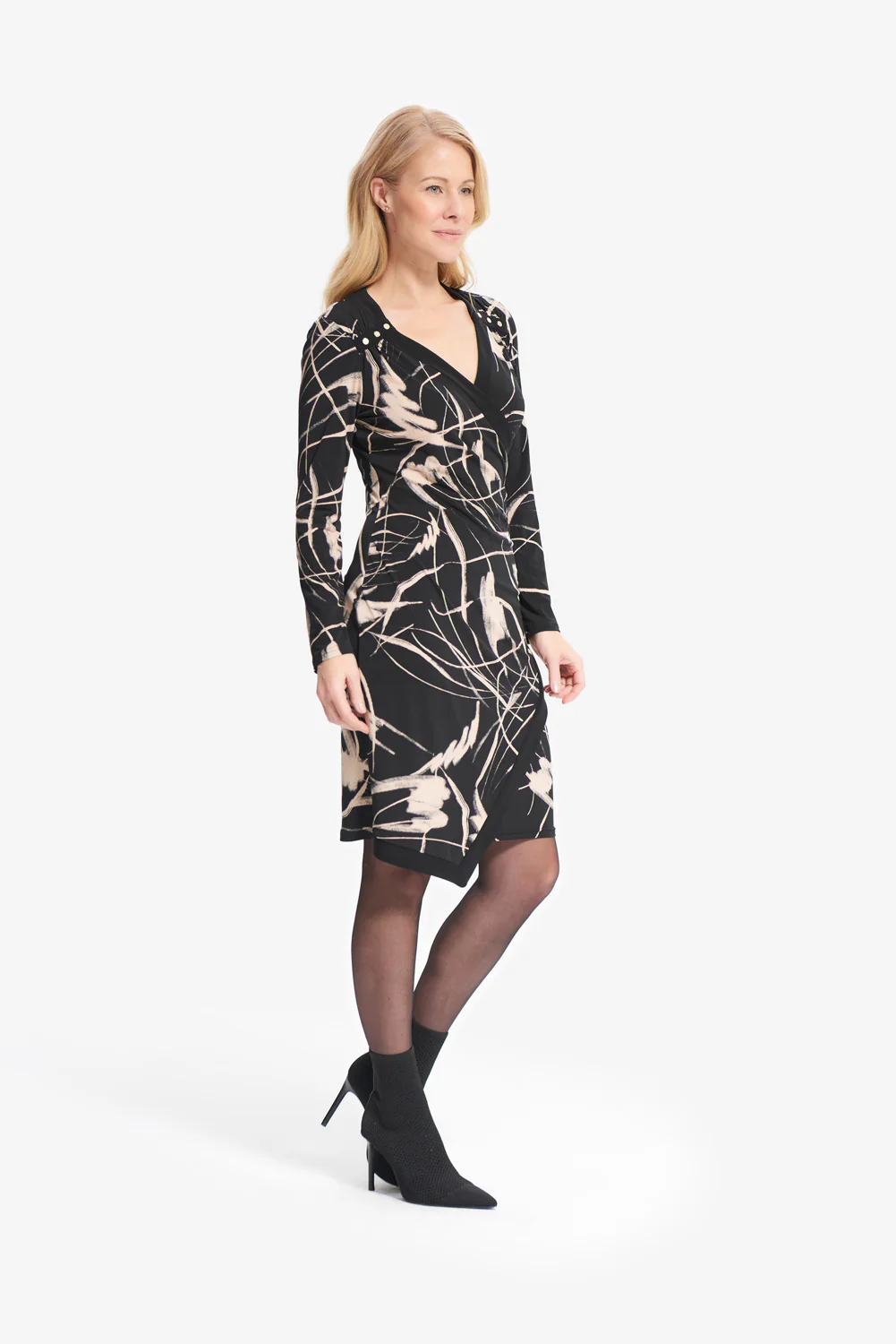 Joseph Ribkoff Black/Sand Wrap Front Dress Style 214290 - Image 2