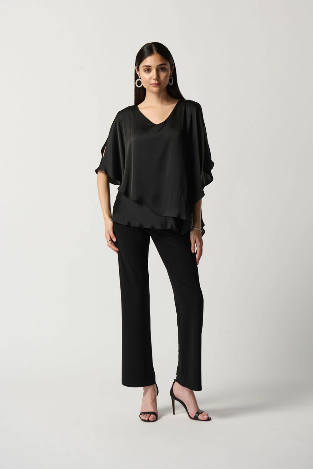 Joseph Ribkoff Black Satin Cape Top Style 233754 - Image 4