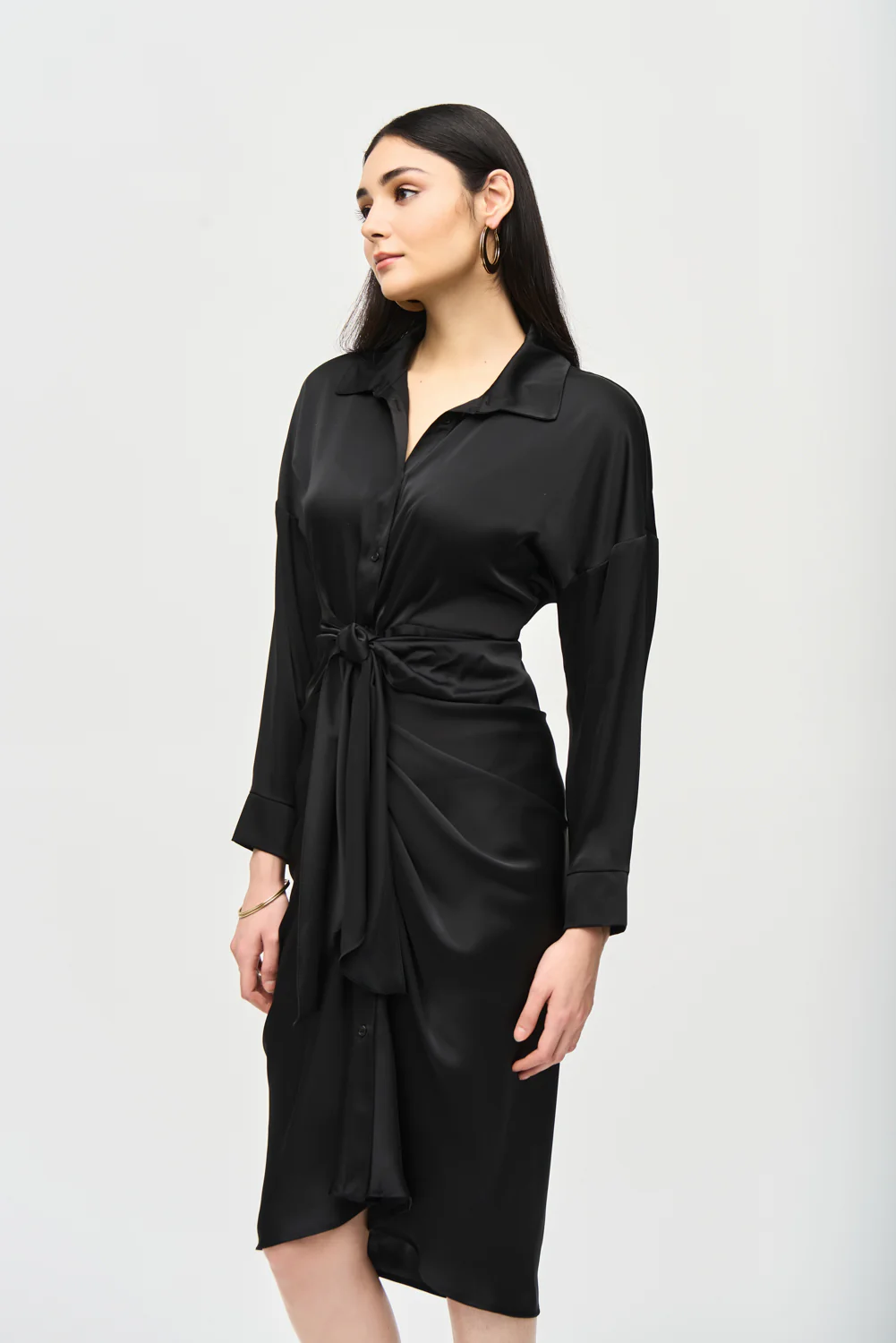 Joseph Ribkoff Black Satin Shirt Dress Style 241236 - Image 2