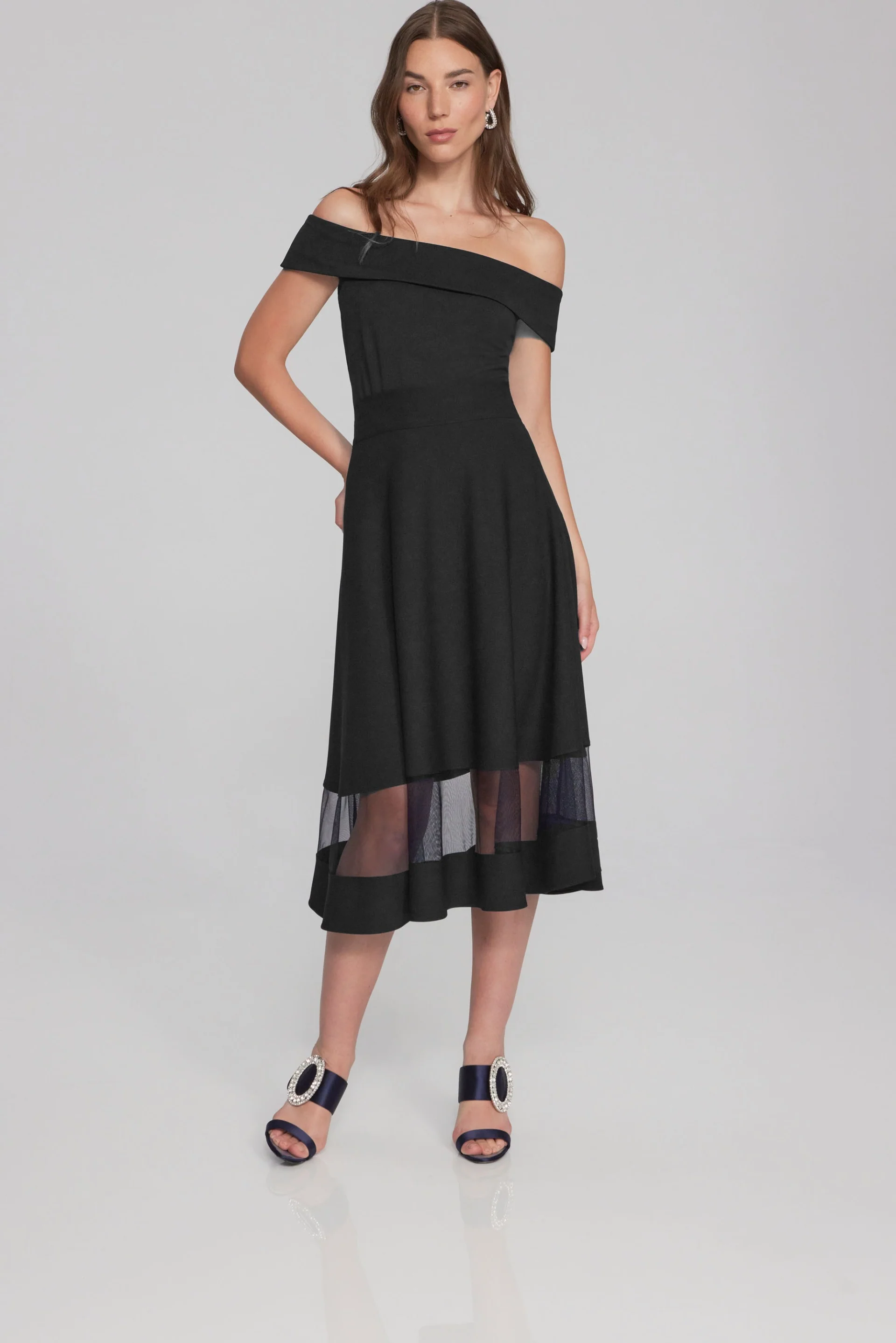 Joseph Ribkoff Black Scuba Crepe And Mesh Flared Skirt Style 241763 - Image 3