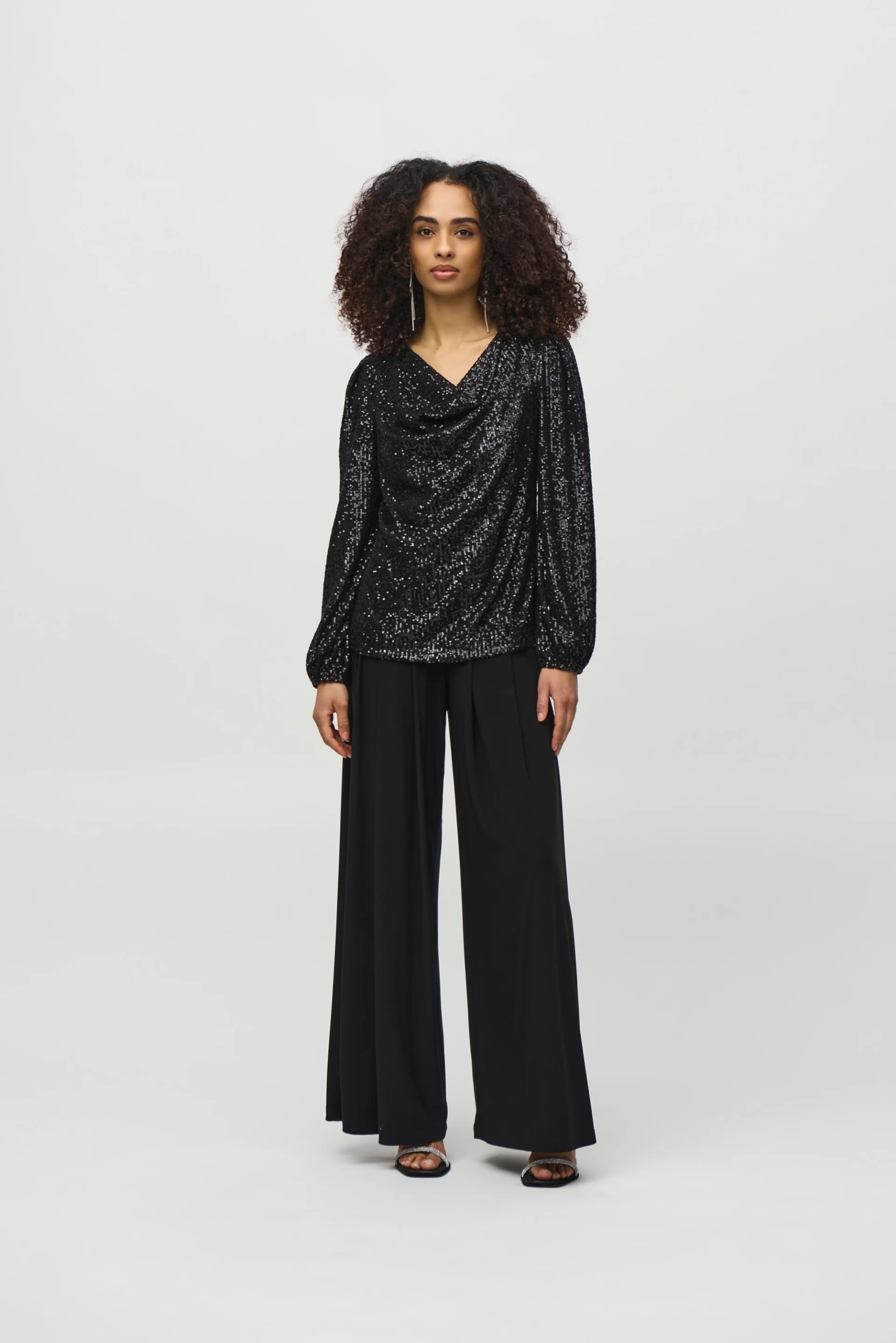 Joseph Ribkoff Black Sequined Cowl Neck Top Style 244917 - Image 3